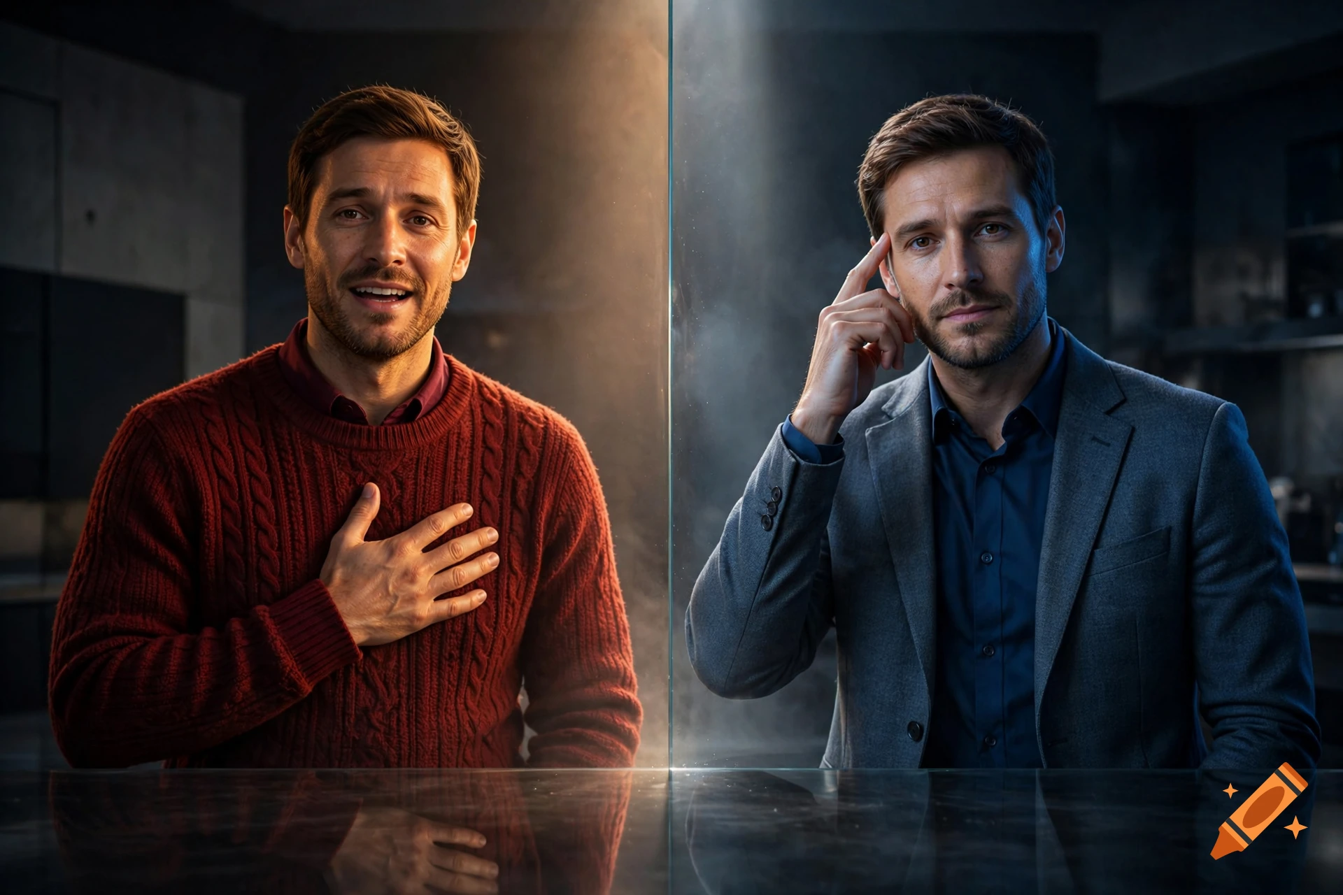 Cinematic portrait showing two versions of the same man separated by a glowing vertical line, representing heart and mind.