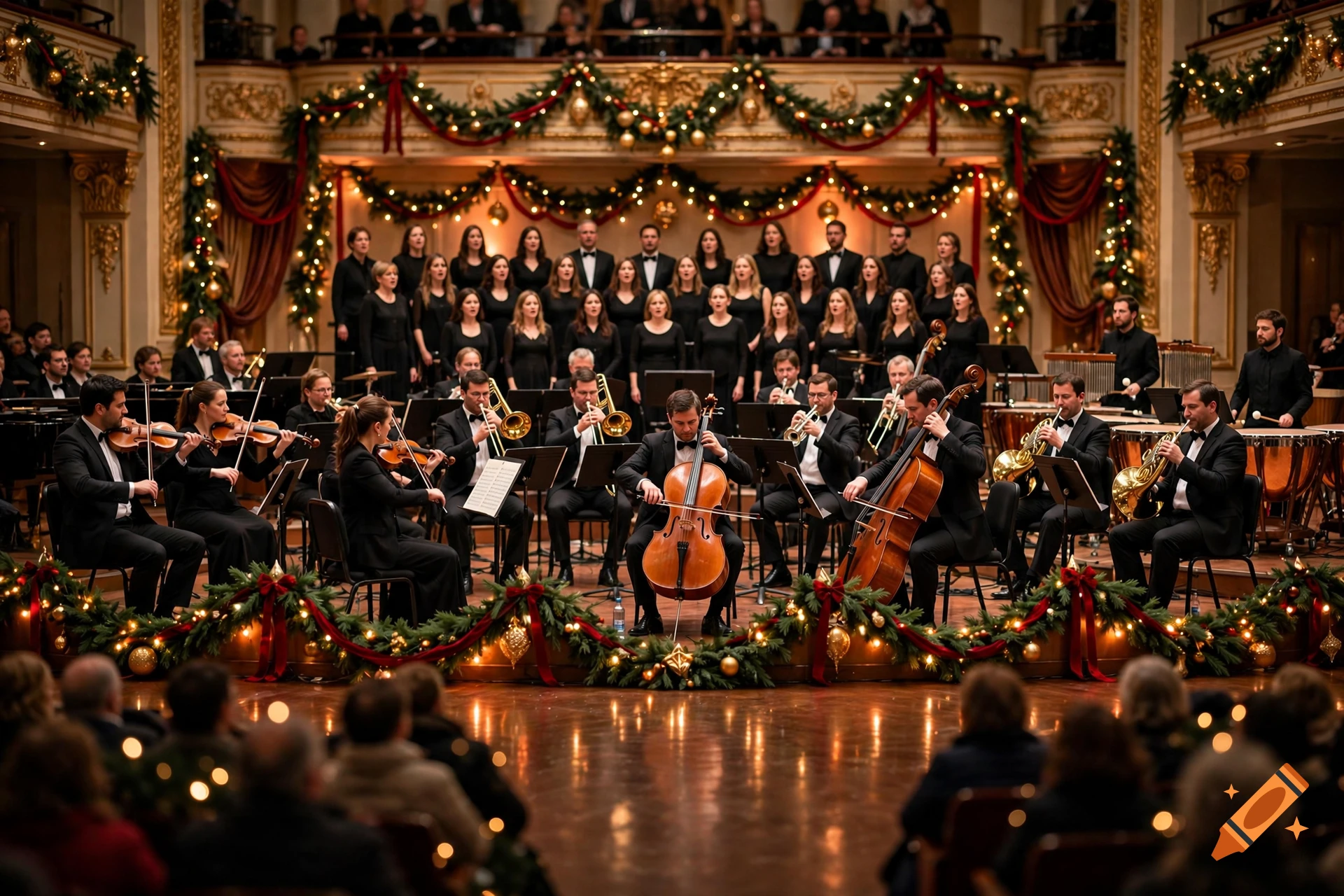 Photorealistic concert hall with an orchestra and choir performing under Christmas decorations.