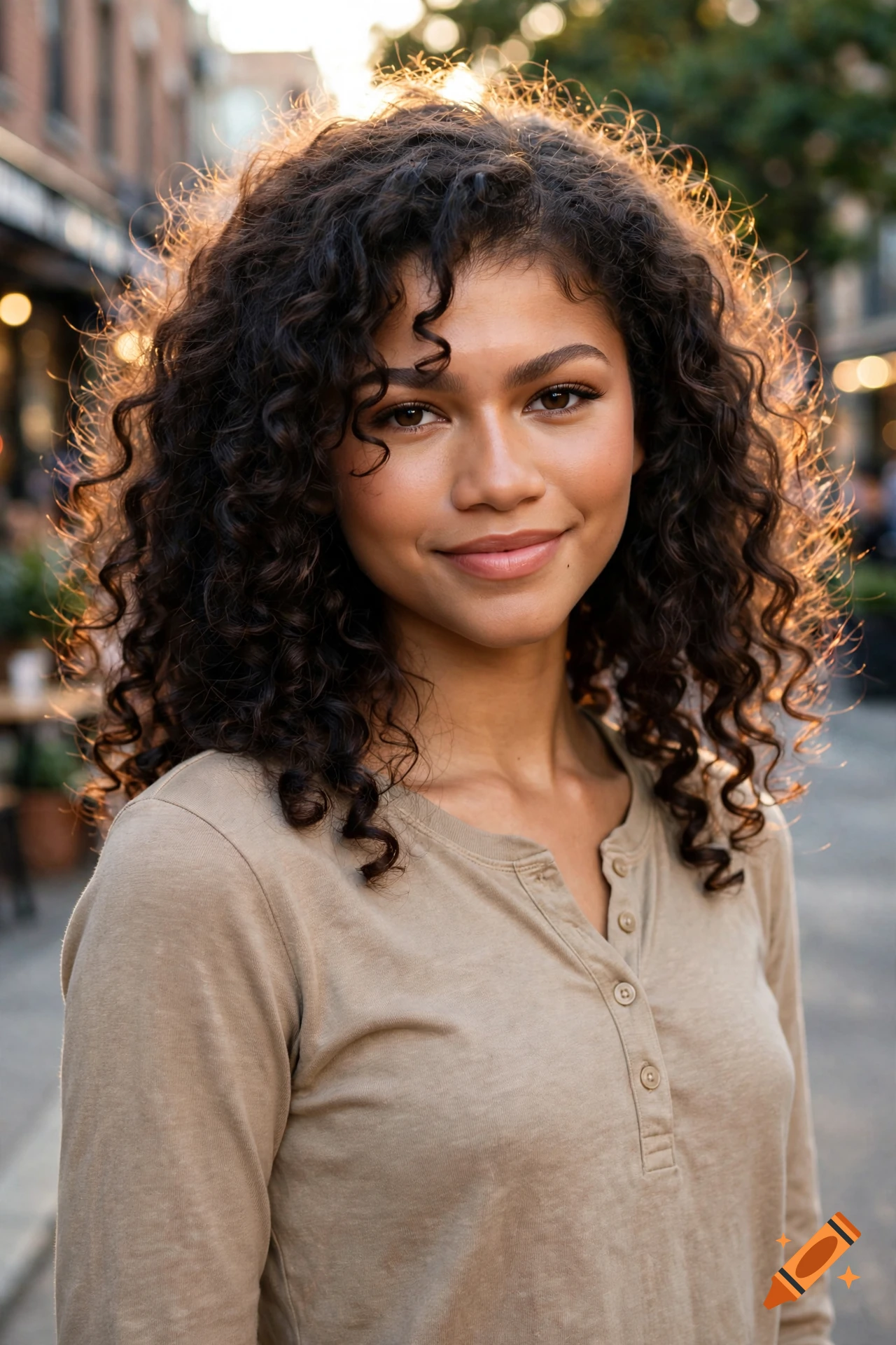 Photorealistic close-up portrait of a young woman with curly hair smiling outdoors during golden hour.
