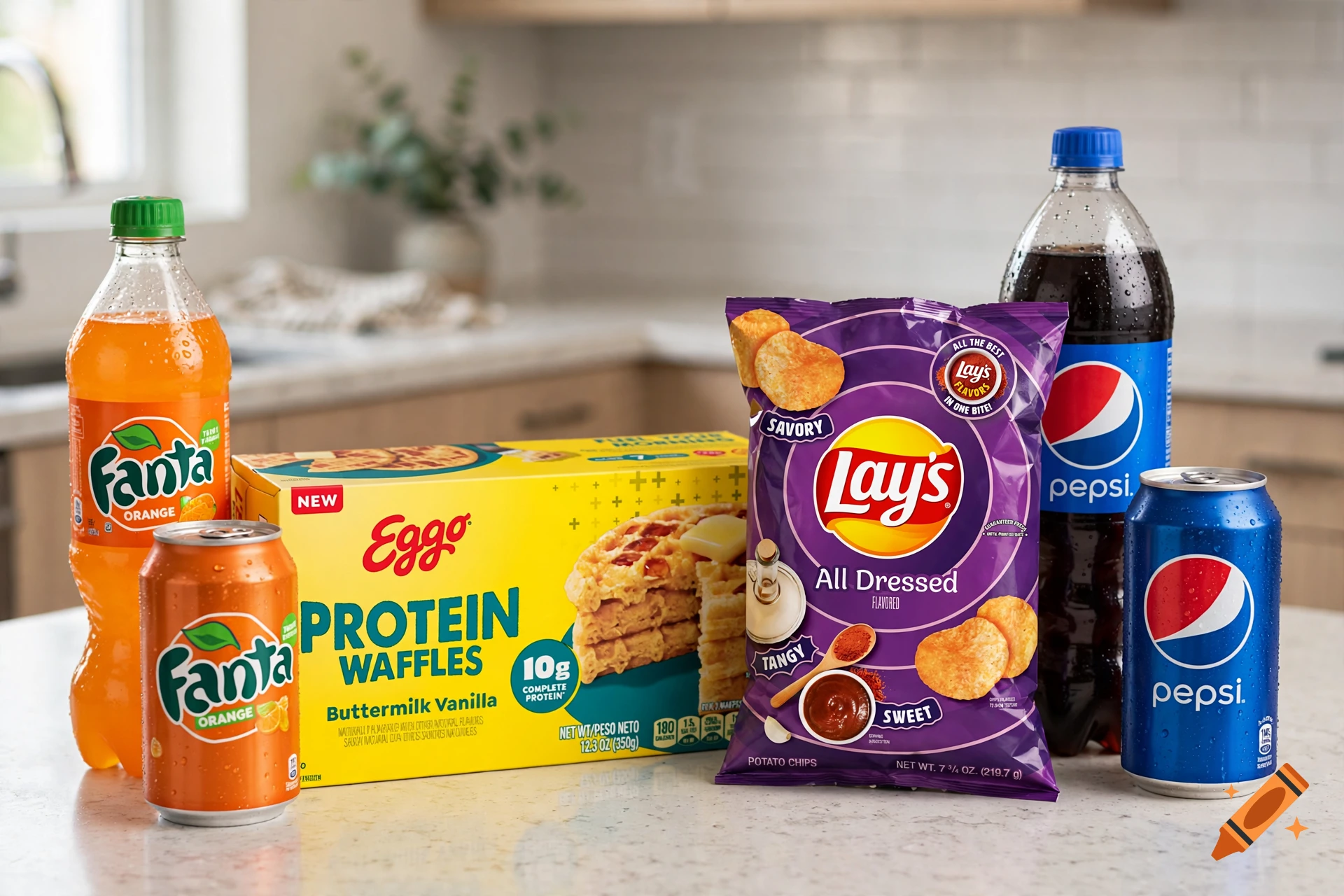 Photorealistic arrangement of Fanta, Eggo waffles, Lays All Dressed chips, and Pepsi on a kitchen counter.