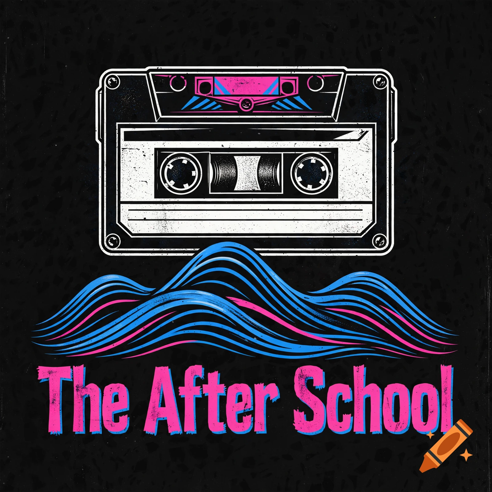 An indie band logo featuring an old school cassette tape with magnetic tape spilling into abstract waves, with the text 'The After School'.