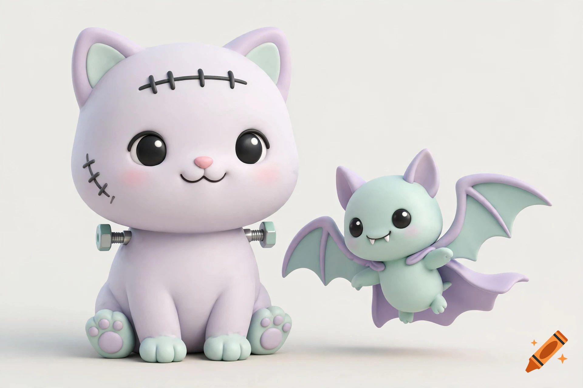 3D chibi style cute cat with Frankenstein stitches and a small bat with a cape on a light background.
