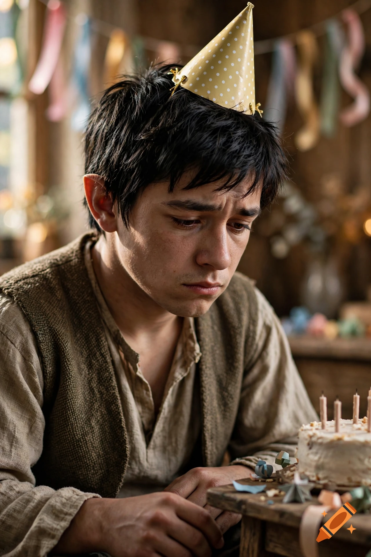 Photorealistic close-up of a sad fantasy halfling boy with black hair, brown eyes, and a party hat sitting at a table with a small cake.