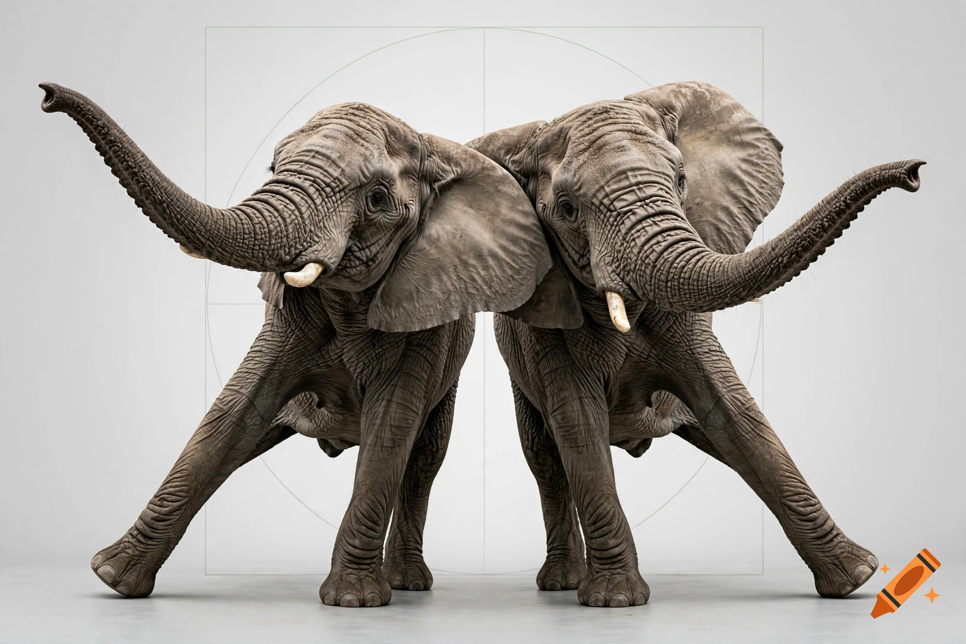 Photorealistic image of two elephants posed like Da Vinci's Vitruvian Man against a light gray background with geometric lines.