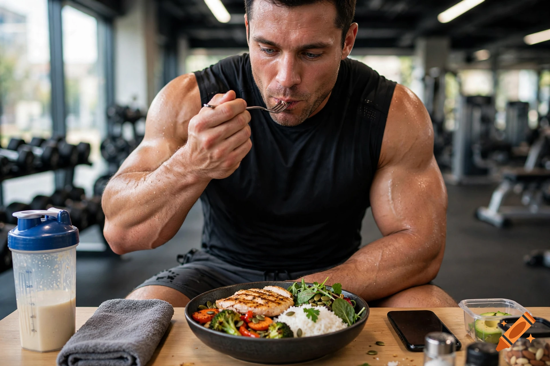 Photorealistic image of a muscular, sweaty bodybuilder eating a healthy post-workout meal in a gym.