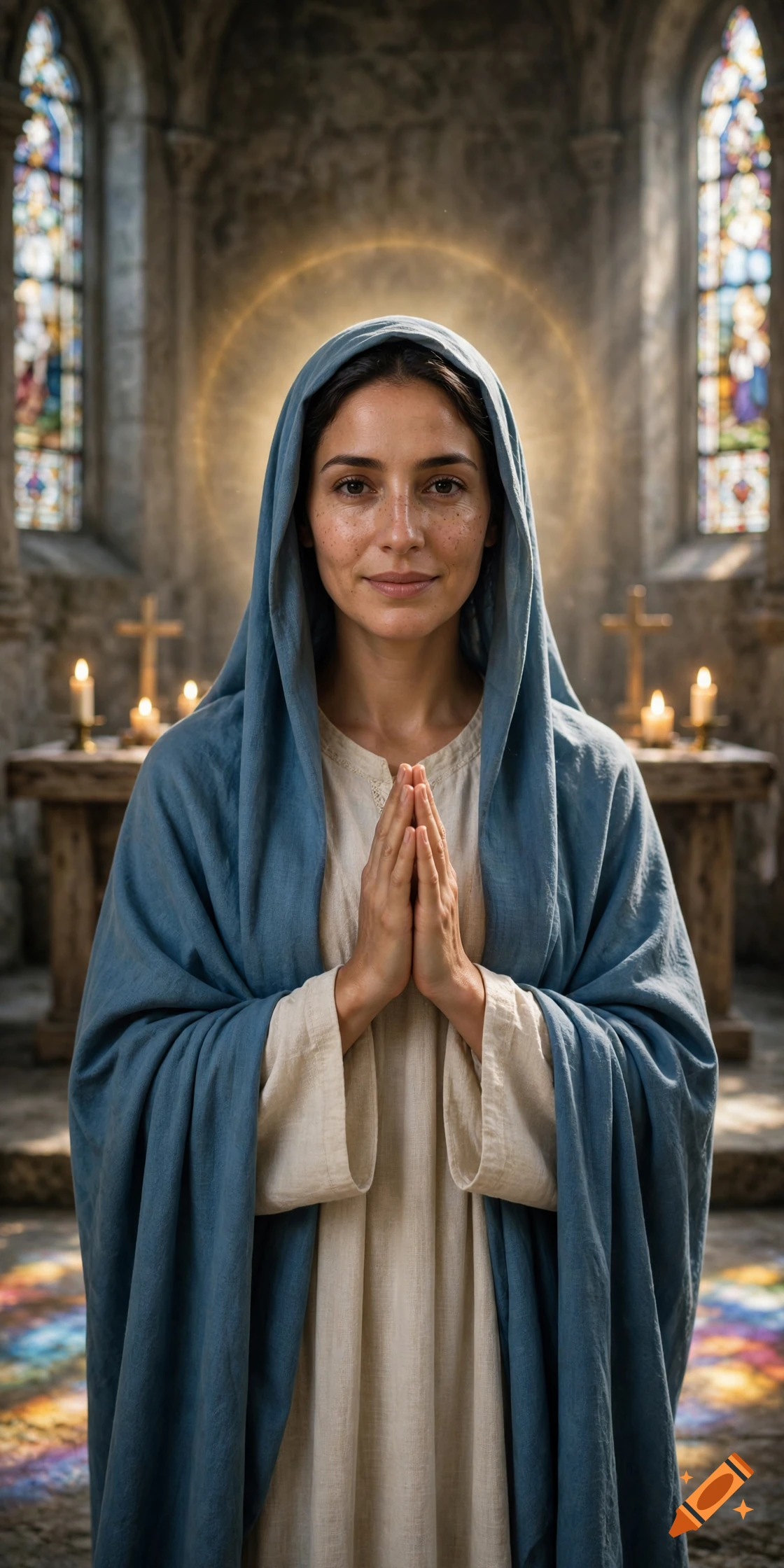 Photorealistic portrait of Mother Mary with a blue headscarf and halo, standing in a church with lit candles and stained glass windows.