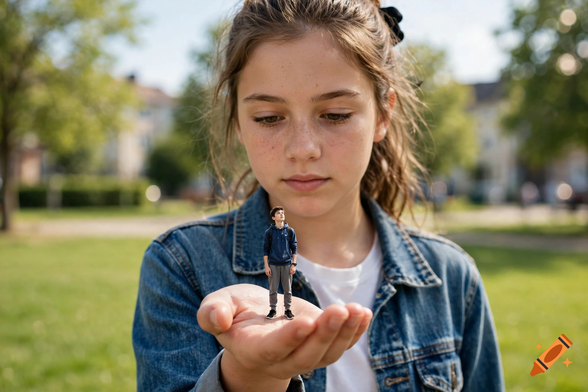 A teenage girl holding a tiny teenage boy standing in the palm of her hand, outdoors in a park, photorealistic.