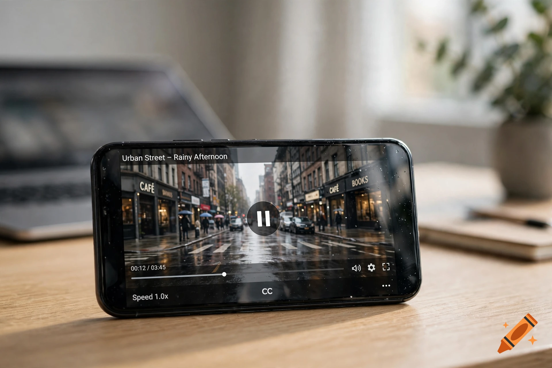 A smartphone resting on a wooden desk displaying a video player interface with a rainy urban street scene.