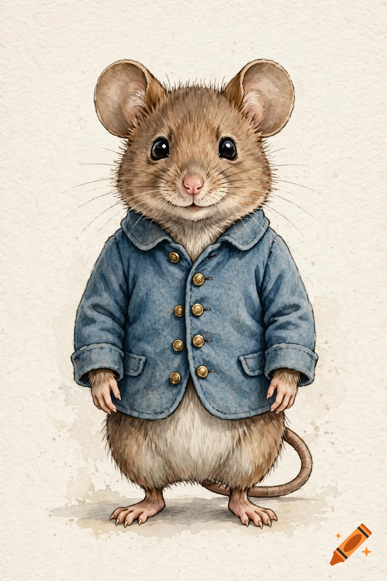 Watercolor illustration of an anthropomorphic field mouse wearing a blue jacket with brass buttons, standing on a neutral background.