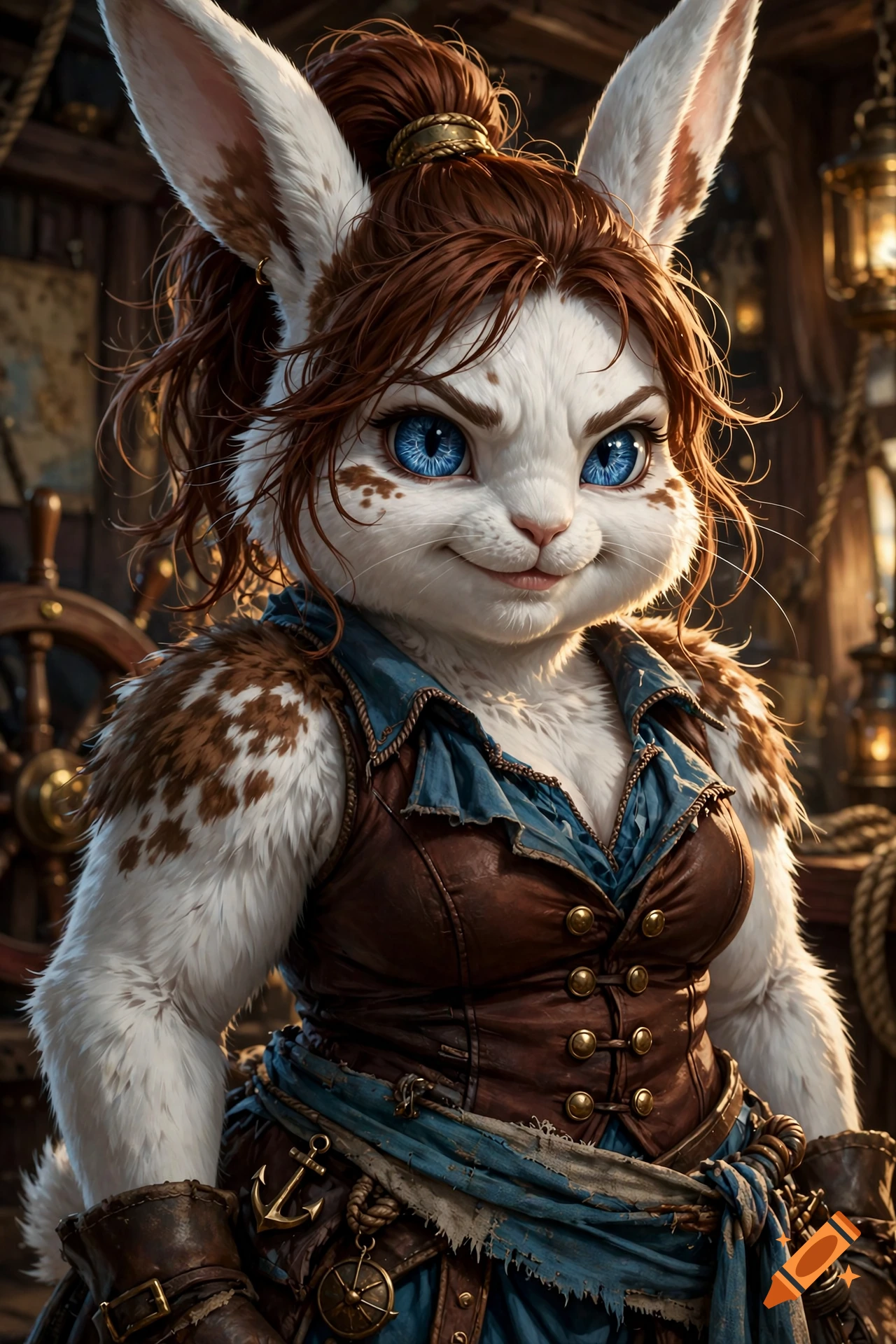 Portrait of a smug rabbitfolk pirate with white fur, brown spots, blue eyes, and mahogany hair in a ponytail, set in a wooden cabin.