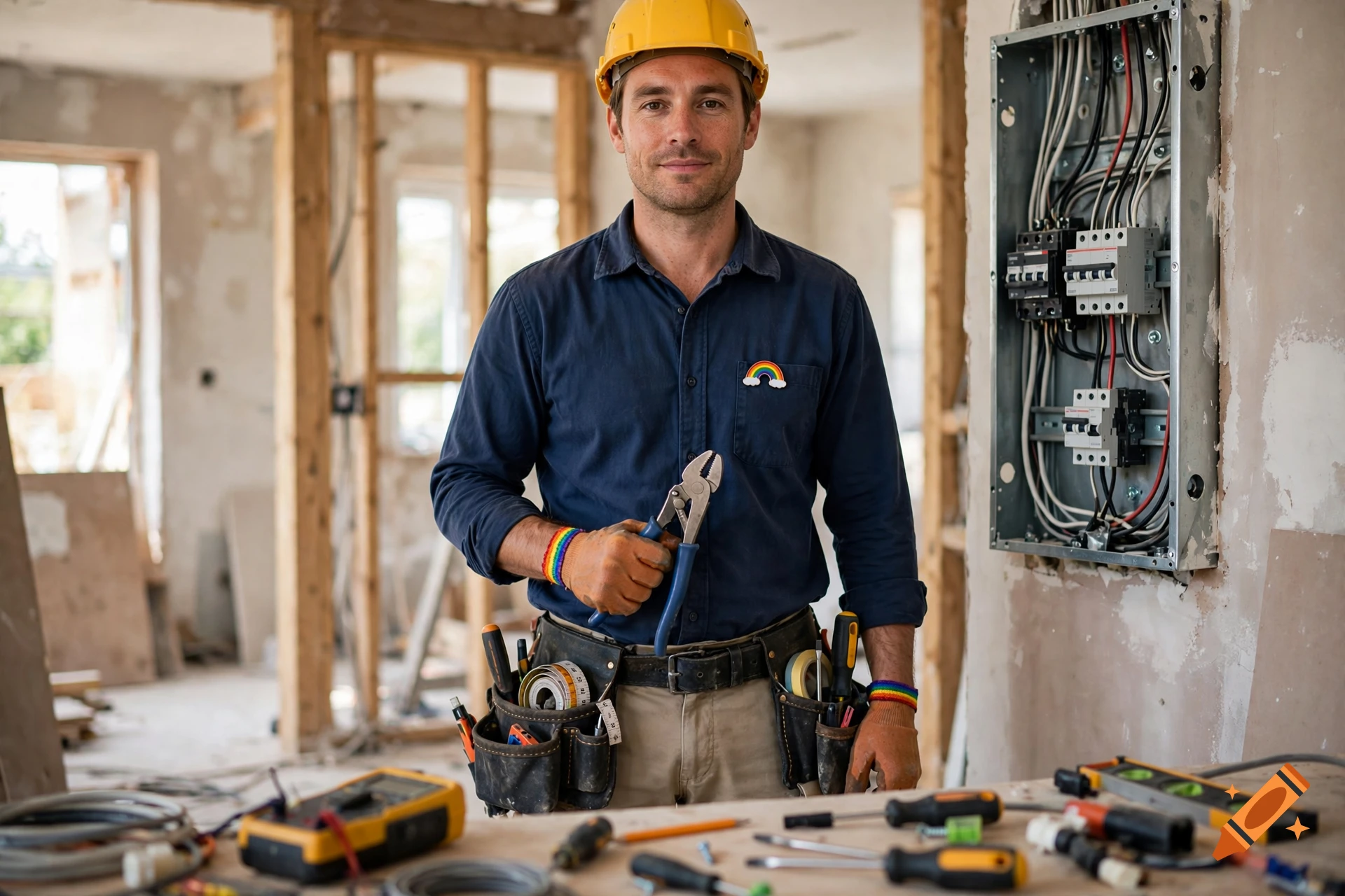 Photorealistic portrait of a smiling male electrician in a yellow hard hat and blue work shirt, holding pliers in a room under construction.