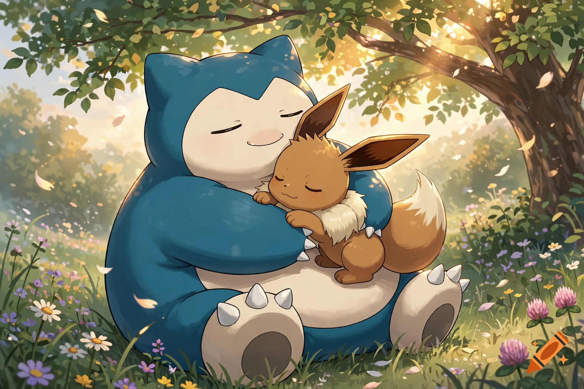 An anime-style digital illustration of a large blue Snorlax hugging a small brown Eevee in a sunny grassy field under a tree.