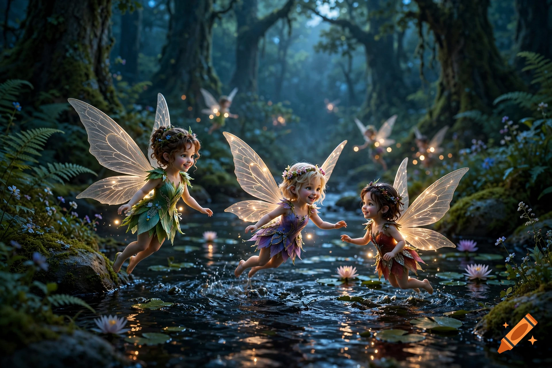 Several small glowing fairies with translucent wings fly over a stream in an enchanted forest at night.