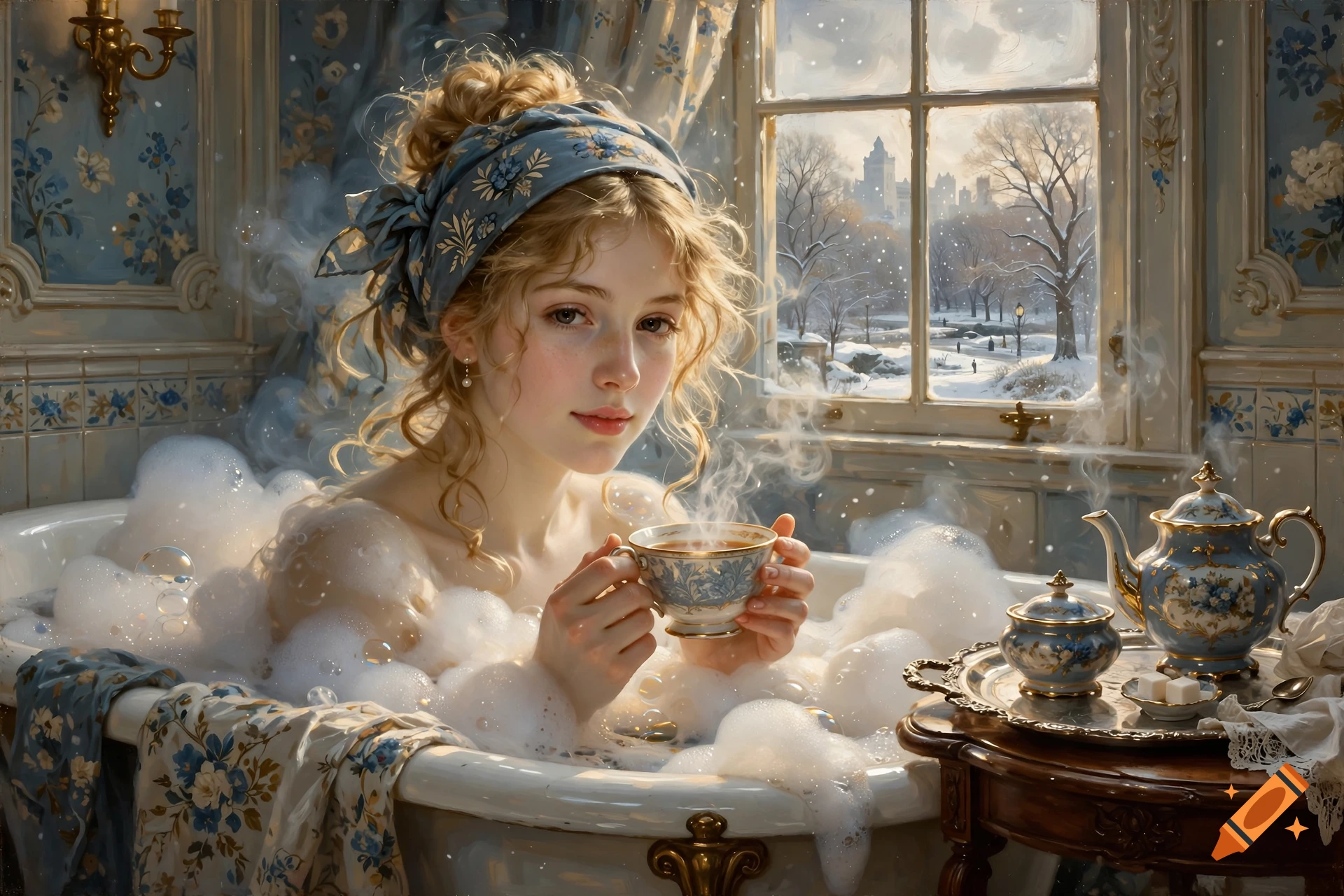 An Edwardian-style painting of a young woman with a blue floral headscarf in a bubble bath, holding a teacup, with a snowy winter view outside.