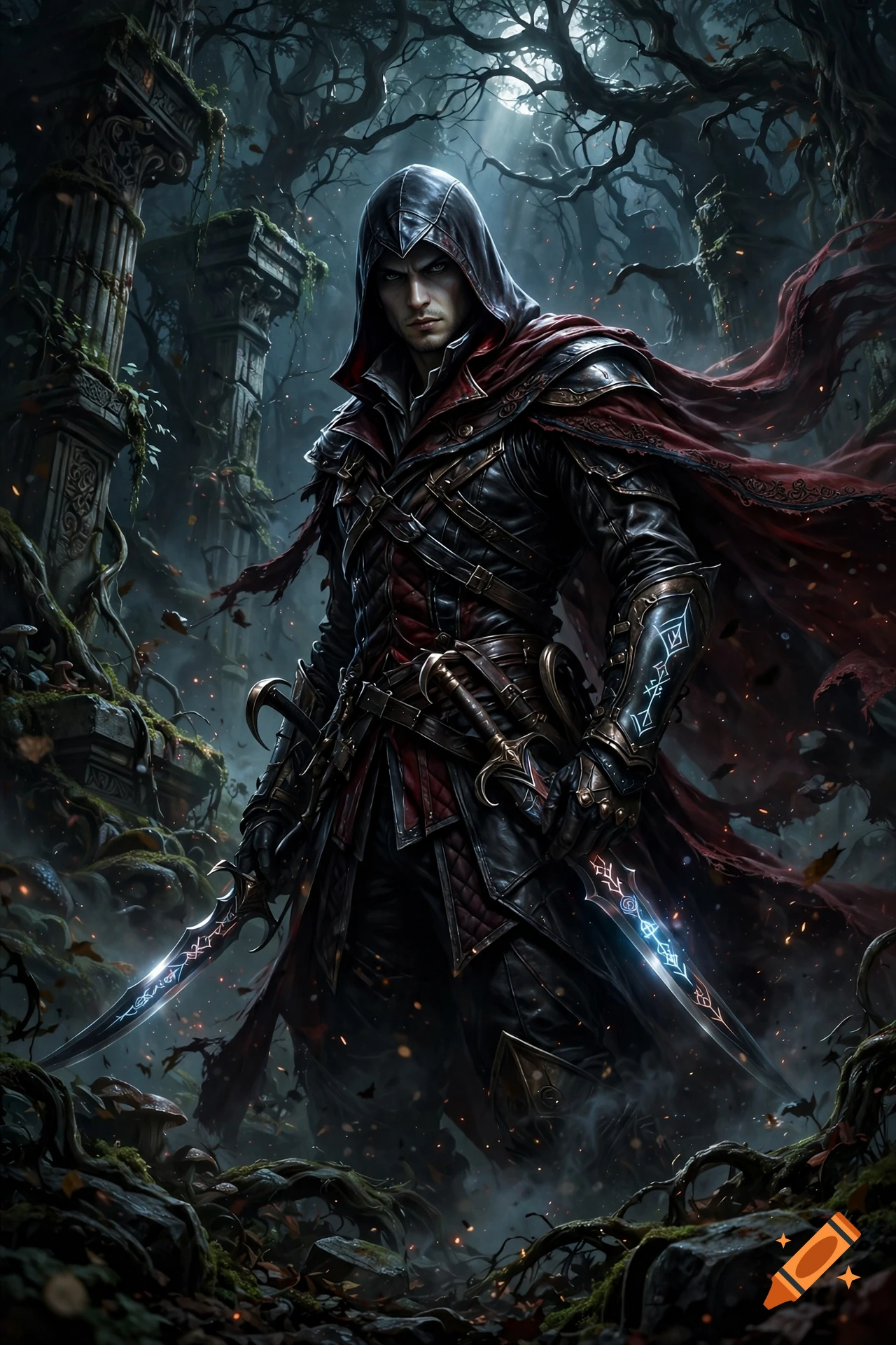 Fantasy art of a hooded assassin in dark leather armor holding glowing daggers in a mystical forest.