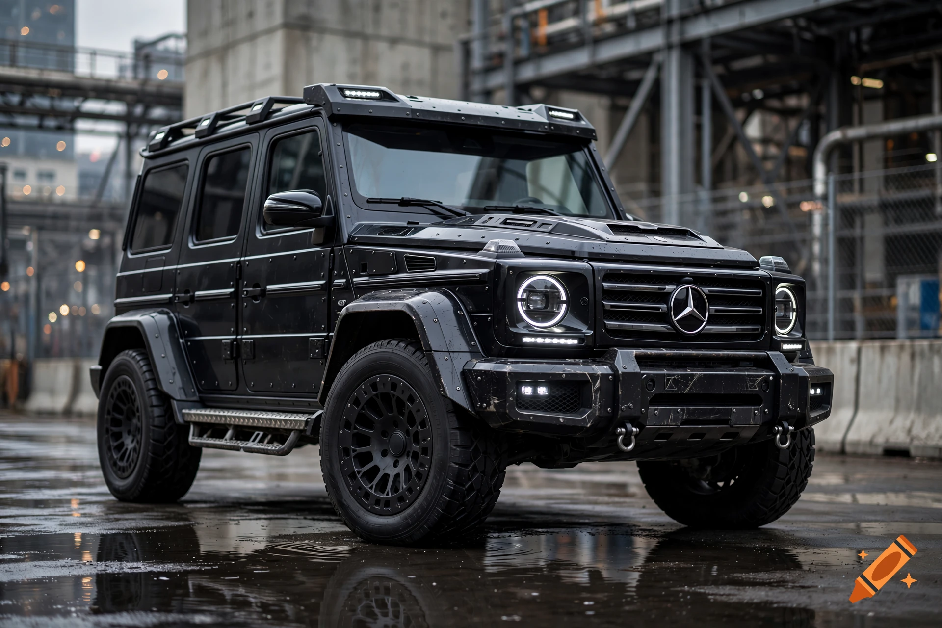 Photorealistic cinematic shot of a black armored Mercedes G-Class with airless tires in an industrial setting.