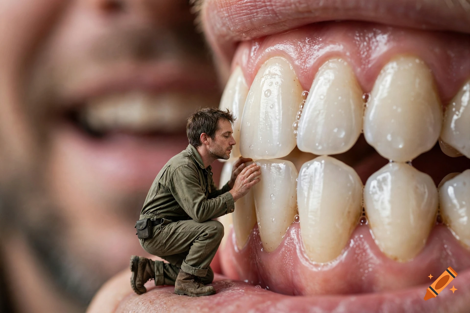 Photorealistic surreal image of a tiny person in a green jumpsuit crouching on a giant tooth inside a massive mouth.