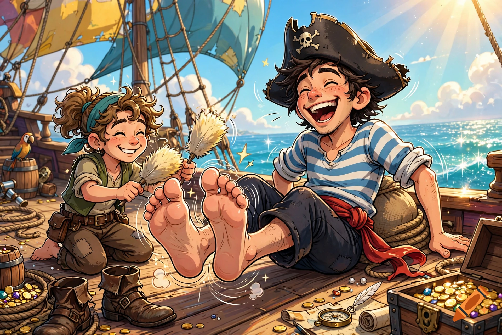 Cartoon illustration of a smiling pirate sitting on a ship deck having his feet tickled by another pirate, with treasure chest nearby.