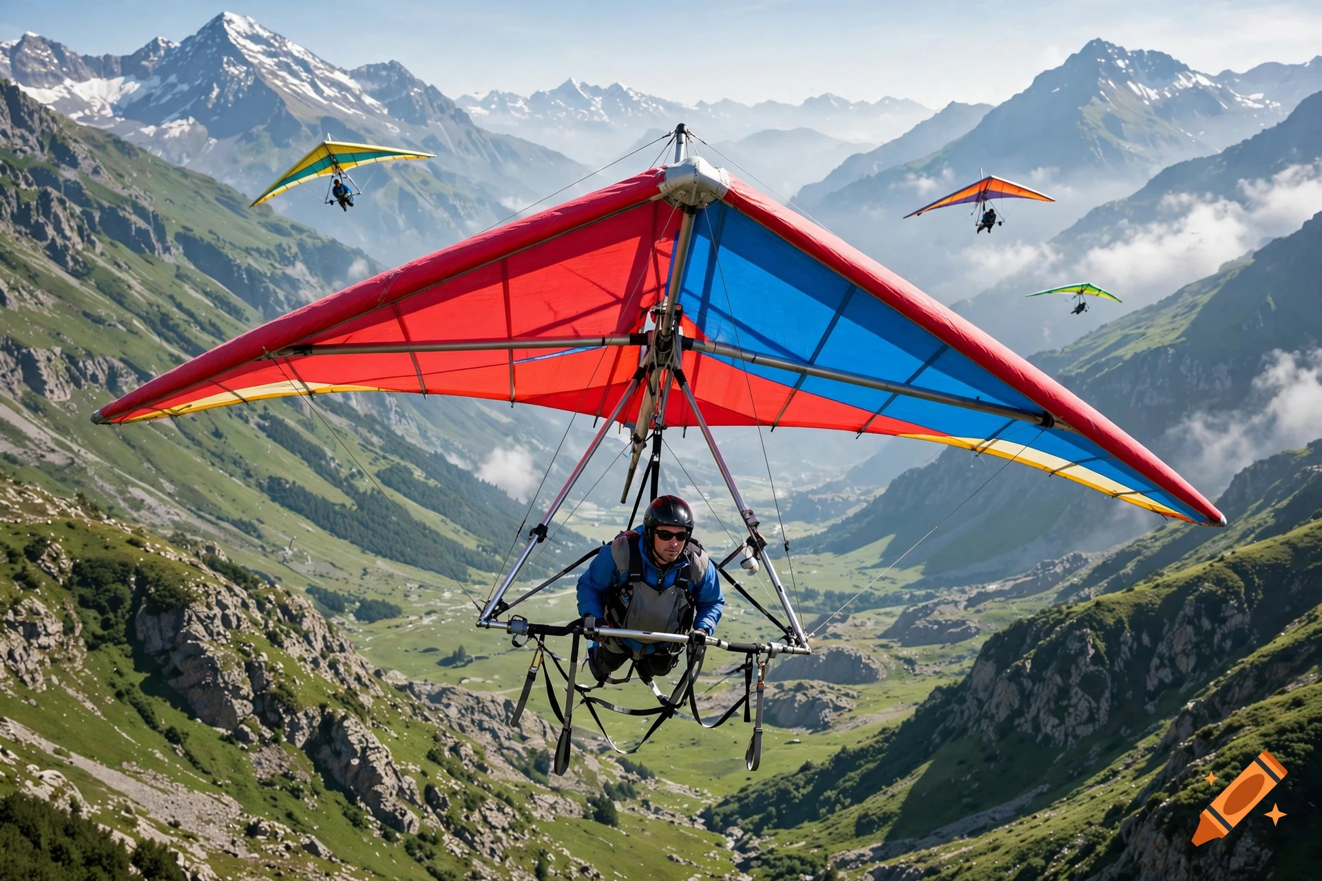 Photorealistic image of a hang glider pilot flying over a lush green mountain valley with other gliders in the distance.