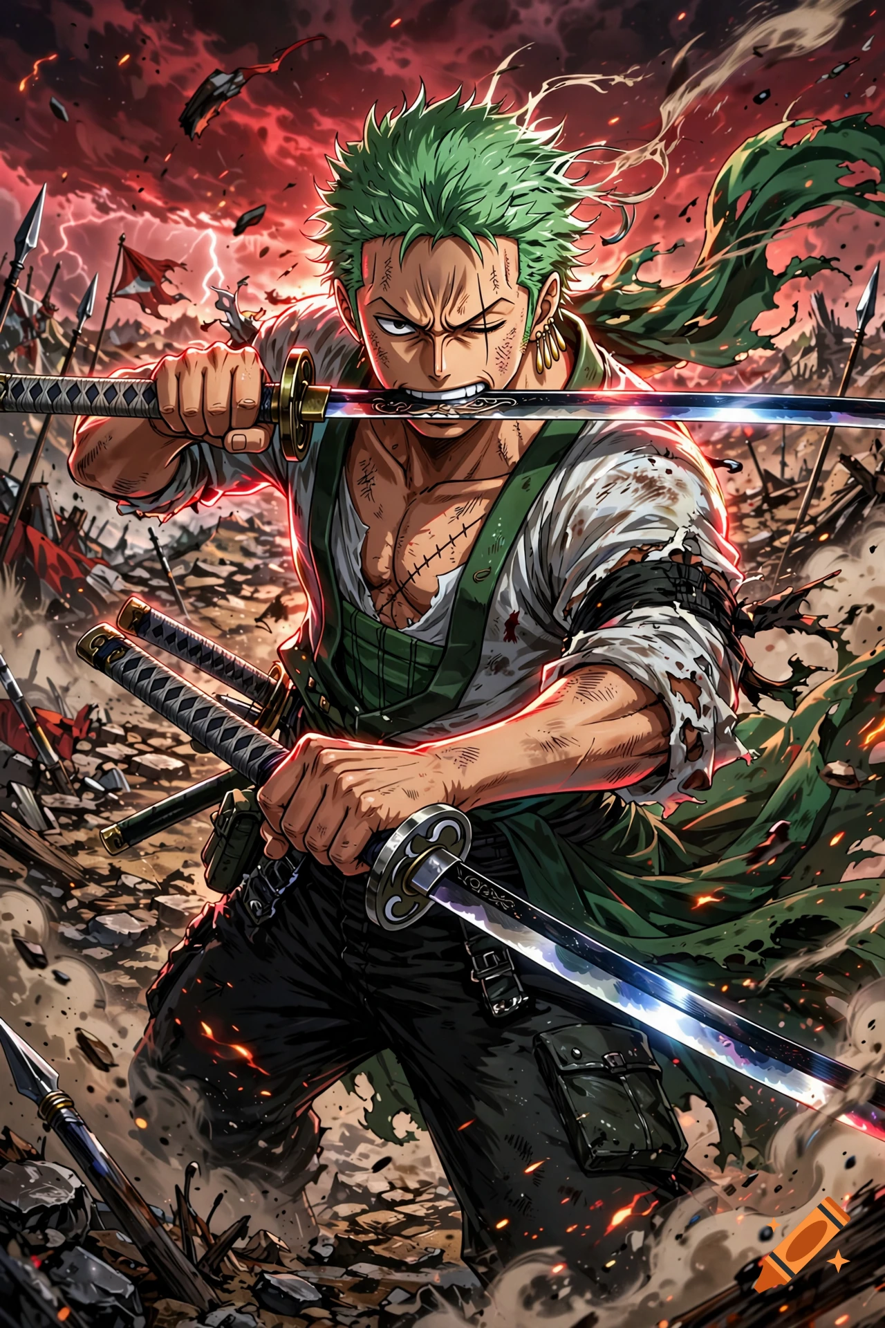 Anime illustration of Roronoa Zoro from One Piece, holding three swords, standing in a battlefield with a red sky.