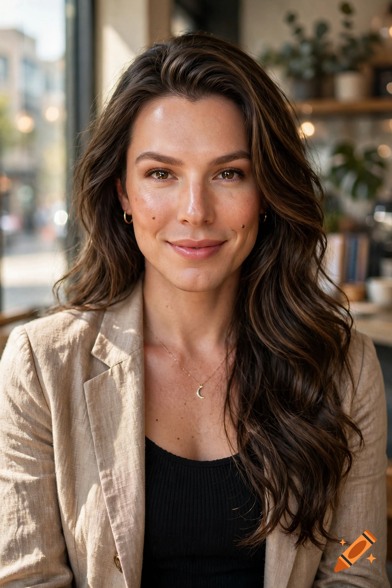 Close-up photorealistic portrait of a smiling woman with long brown hair wearing a beige blazer.