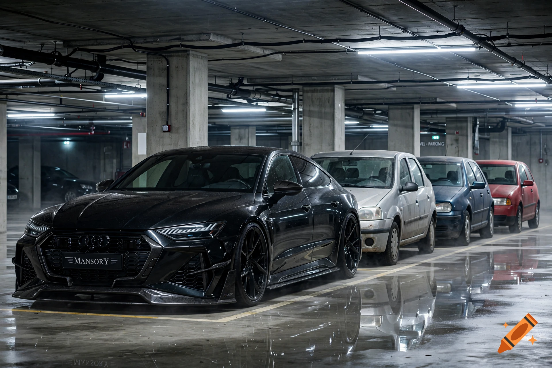 Photorealistic image of a black modified Audi RS7 parked next to three commuter cars in a wet concrete underground parking garage.