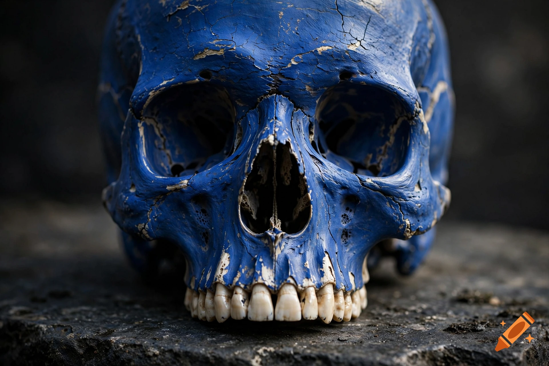 Close-up photorealistic shot of a human skull painted in chipped blue, resting on a dark stone surface.