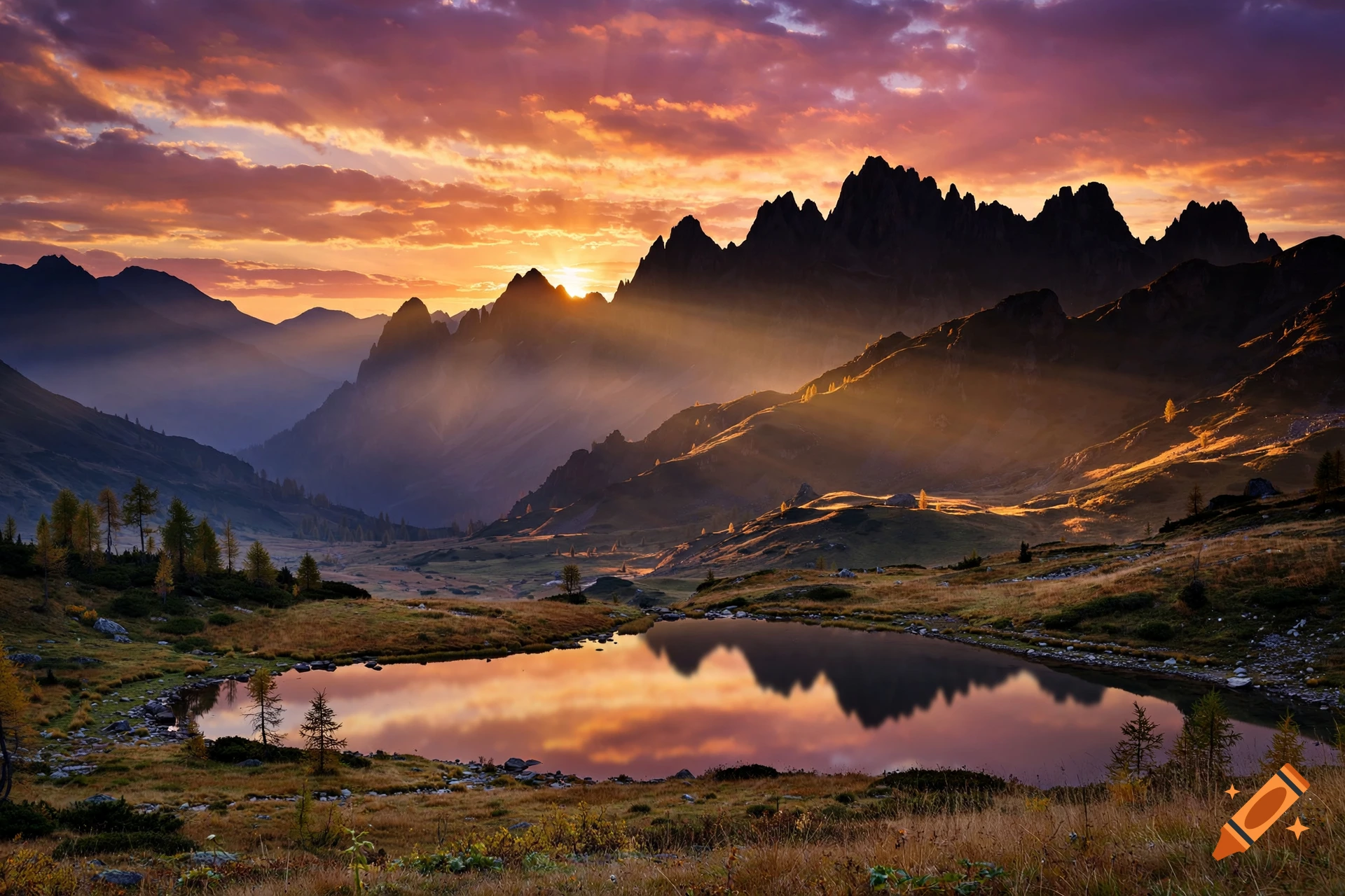 Photorealistic mountain landscape with a calm lake reflecting a vibrant sunset sky and sunbeams.