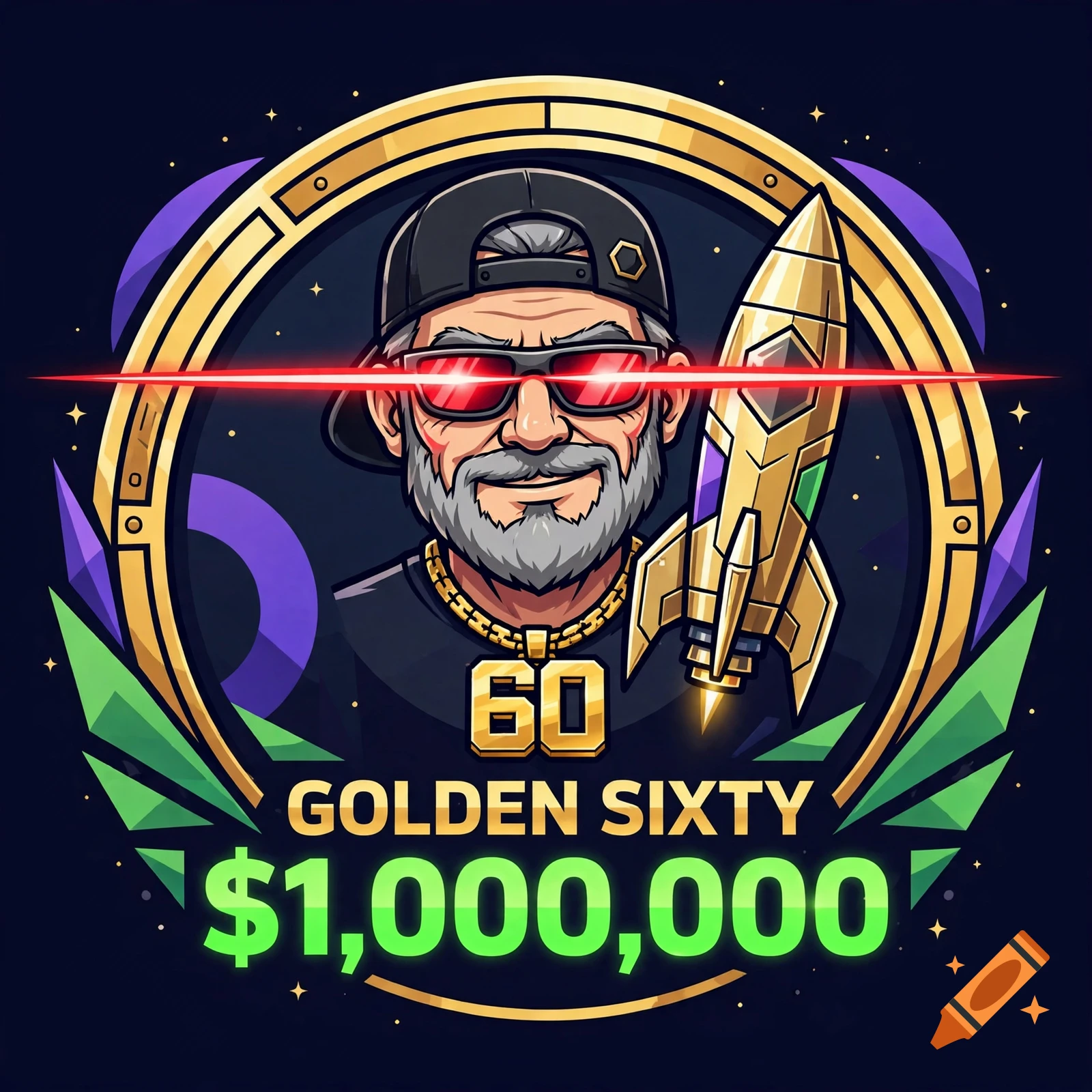 Vector art logo of a cool cartoon grandpa with laser eyes and a rocket ship, featuring the text GOLDEN SIXTY and $1,000,000.