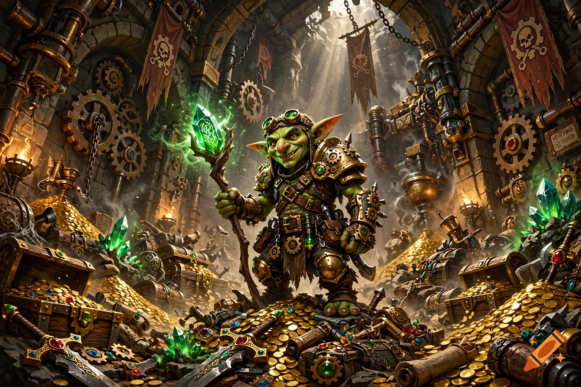 Digital illustration of a goblin standing in a treasure room filled with gold coins, chests, and glowing green crystals, in fantasy style.