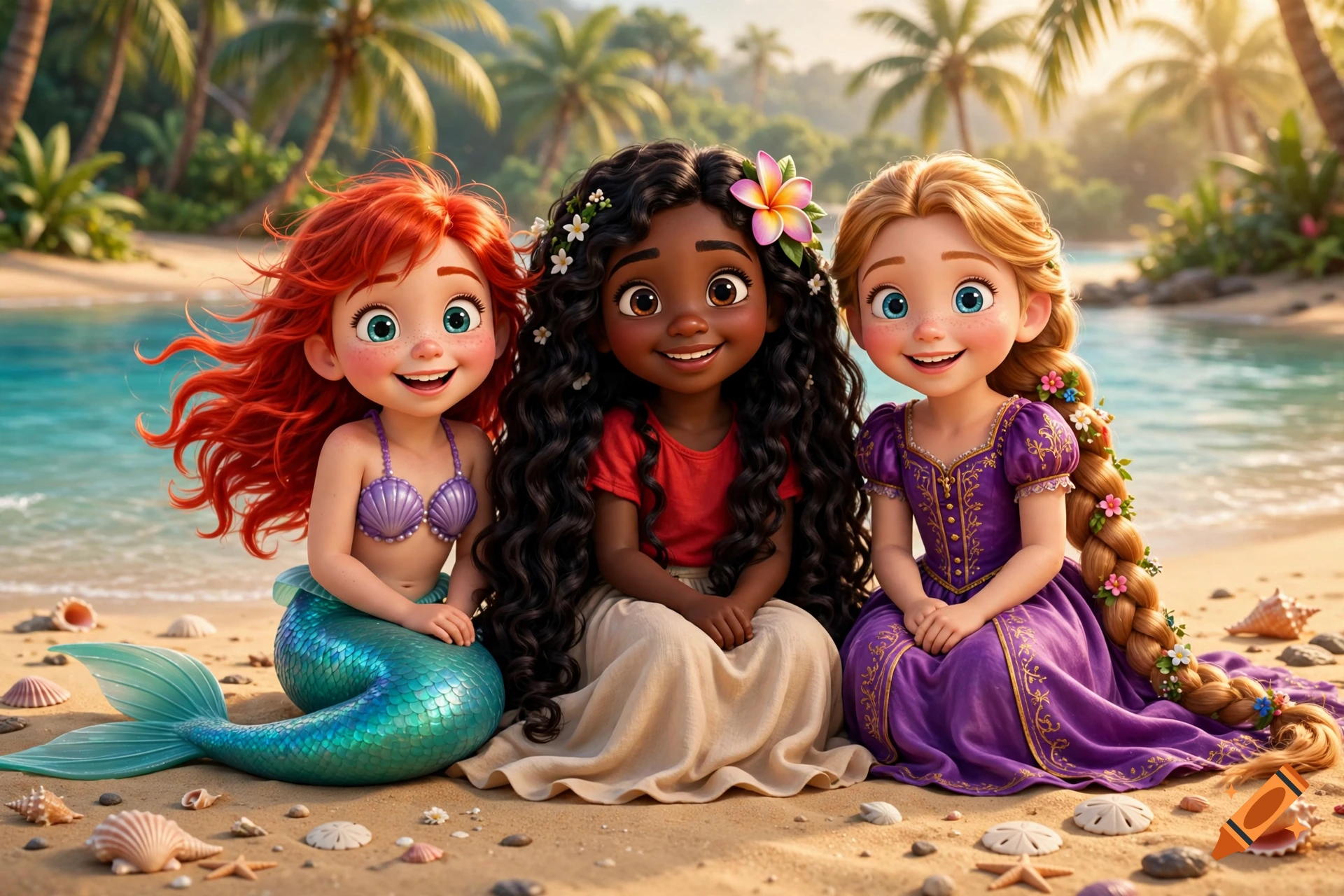 3D digital render of three young girls sitting on a tropical beach, featuring a mermaid, a girl with flowers in dark hair, and a braided blonde princess.