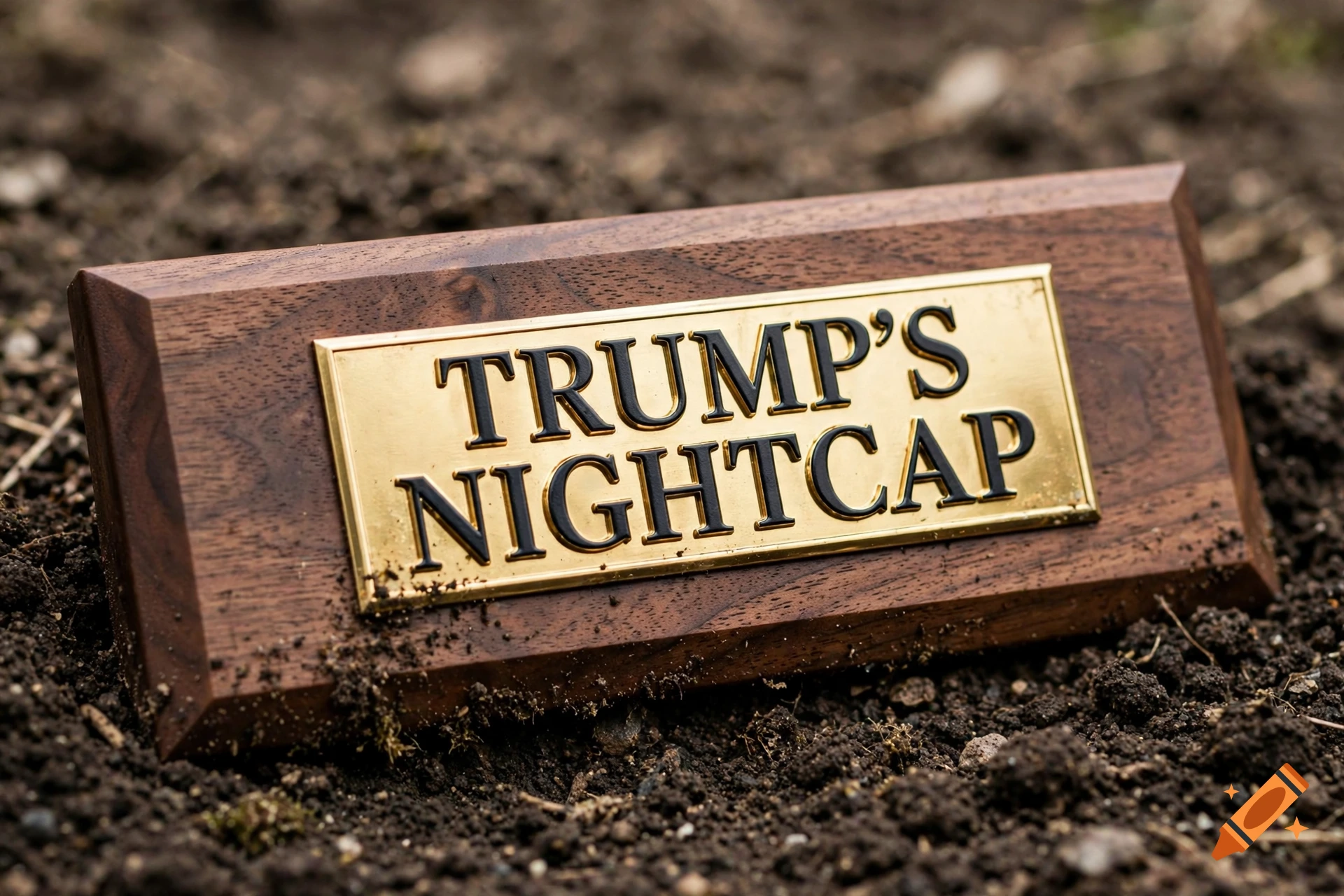 Photorealistic wooden nameplate with gold plaque in dirt, engraved with TRUMP'S NIGHTCAP in black embossed letters.