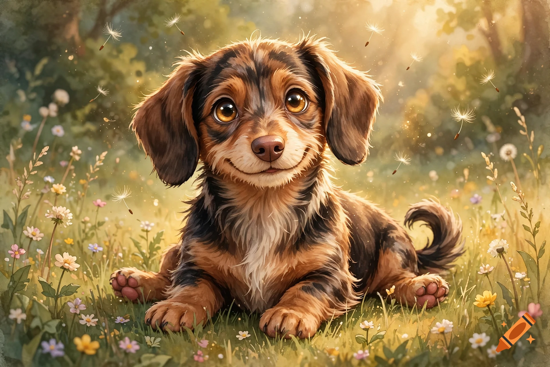 Digital illustration of a cute dachshund puppy lying in a sunlit grassy field with wildflowers and floating dandelion seeds.