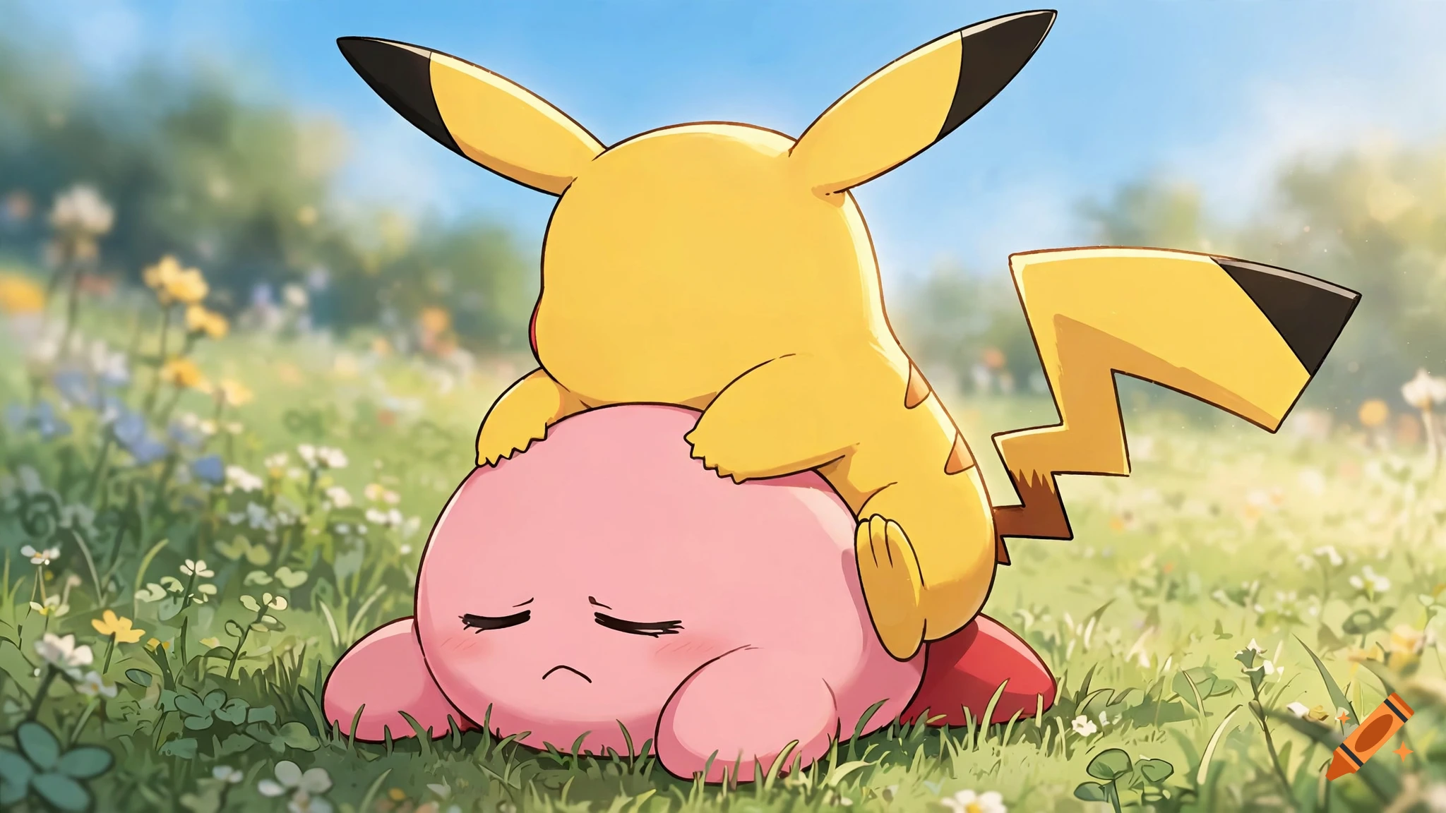 Pikachu sitting triumphantly on Kirby's back in a grassy field, painted in Studio Ghibli style.