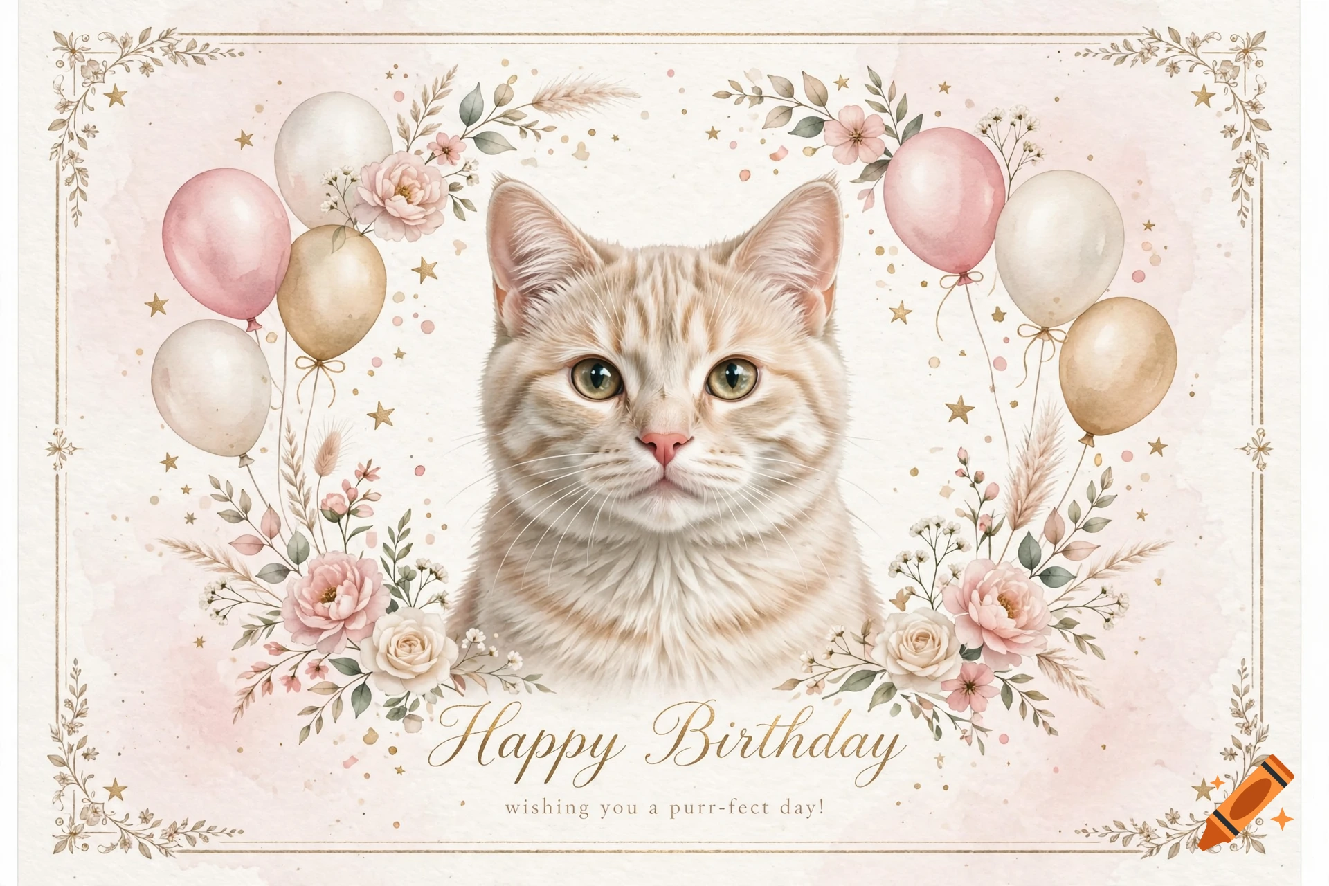 Watercolor birthday card featuring a cute beige cat surrounded by pastel flowers and balloons, with the text Happy Birthday.