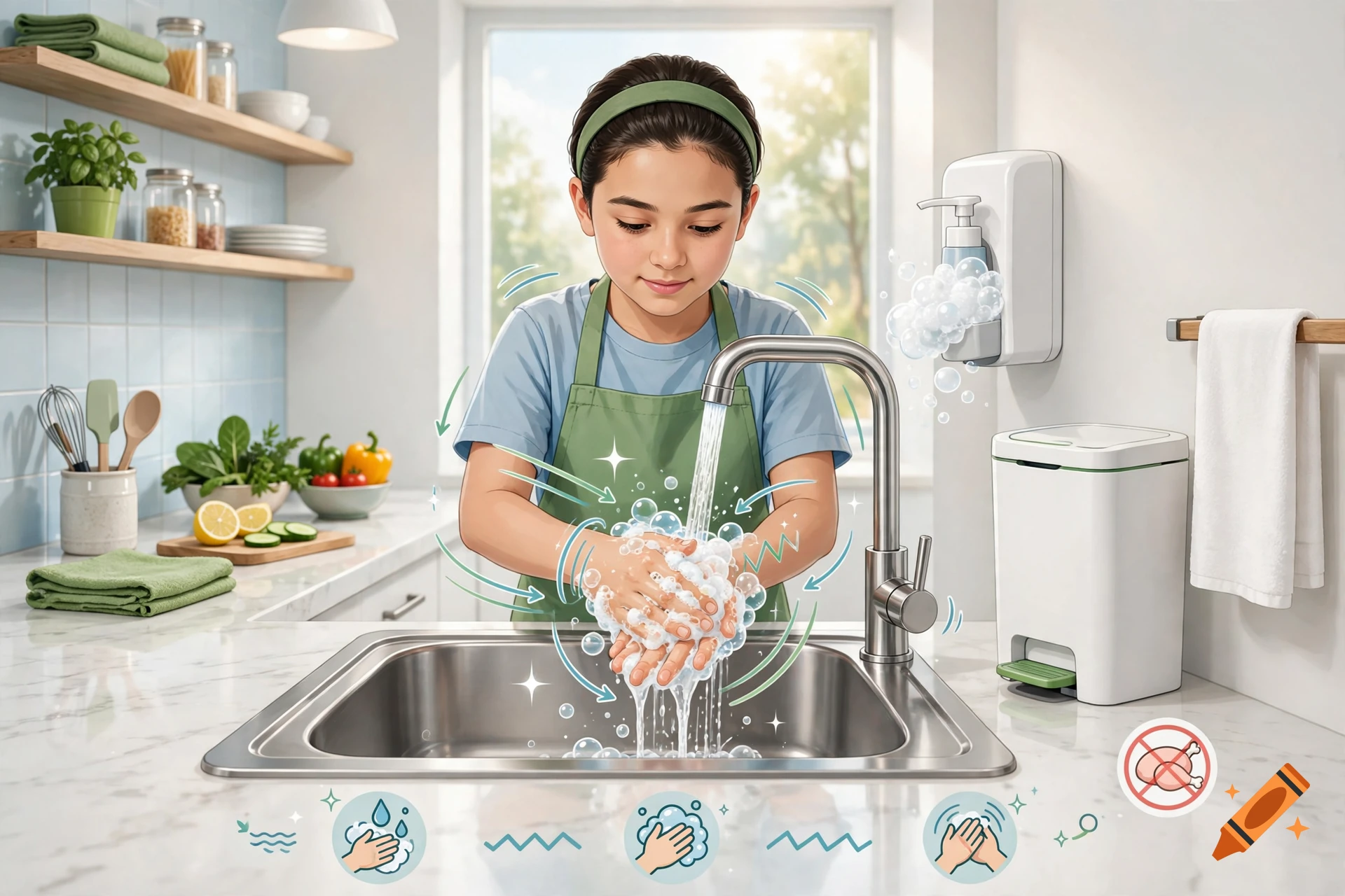 Illustrated young person washing hands in a modern kitchen sink with hygiene rule icons.
