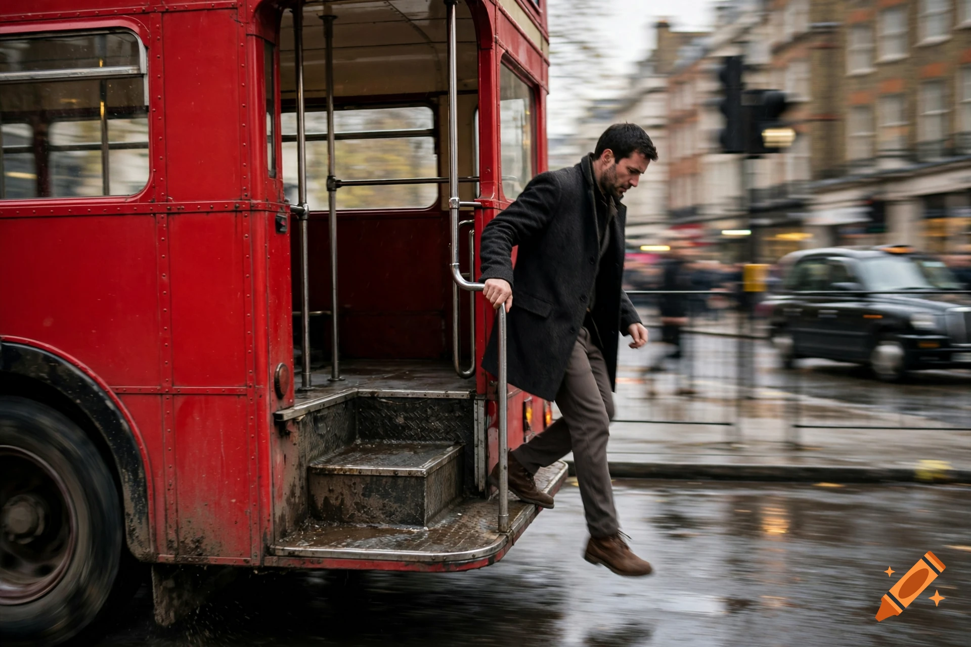 A man in a dark coat steps off a moving red double-decker bus in a rainy London street, photorealistic style.