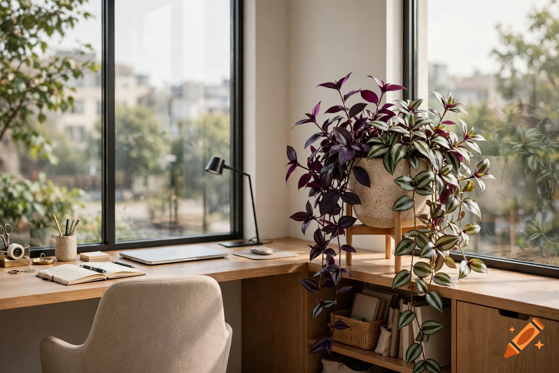 Photorealistic home office corner with a wooden desk, laptop, notebook, and a hanging Tradescantia plant in a pot by a large window.