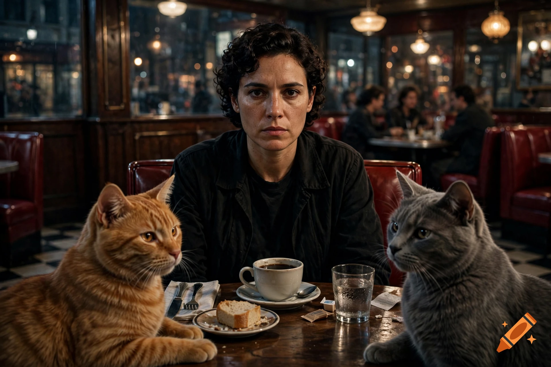 Cinematic shot of a person with short curly hair sitting in a restaurant booth with an orange cat and a gray cat at a table.