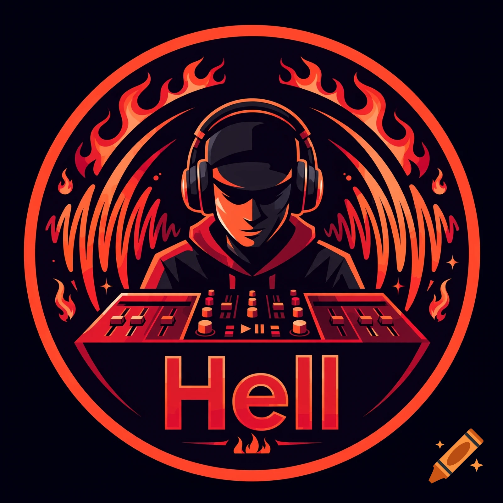 Discord server icon featuring a DJ wearing headphones and a cap behind a sound mixer, with red flames and equalizer graphics on a dark background, and the text Hell.