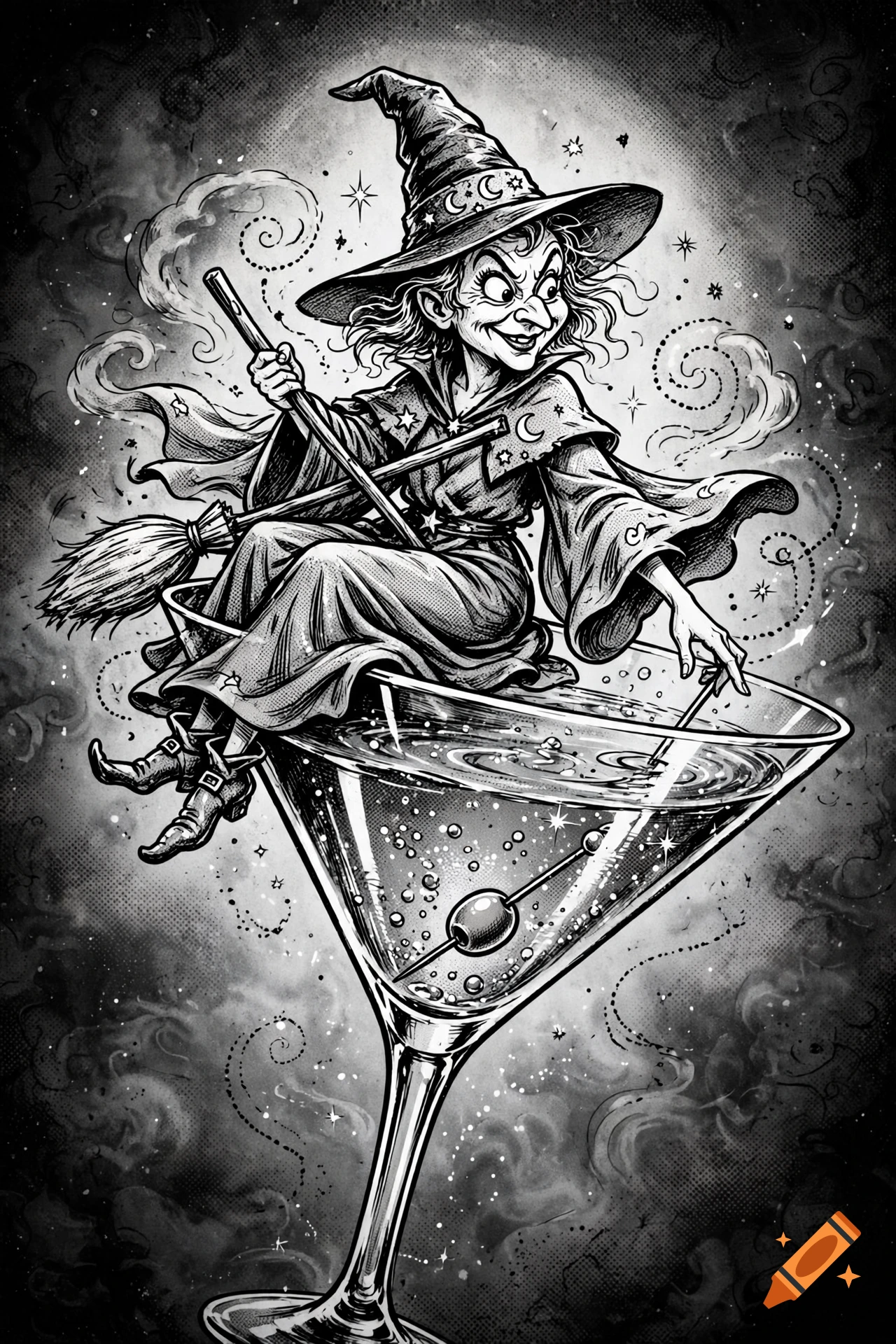 Black and white cartoon illustration of a wicked witch sitting on the rim of a martini glass and stirring the drink with her wand.
