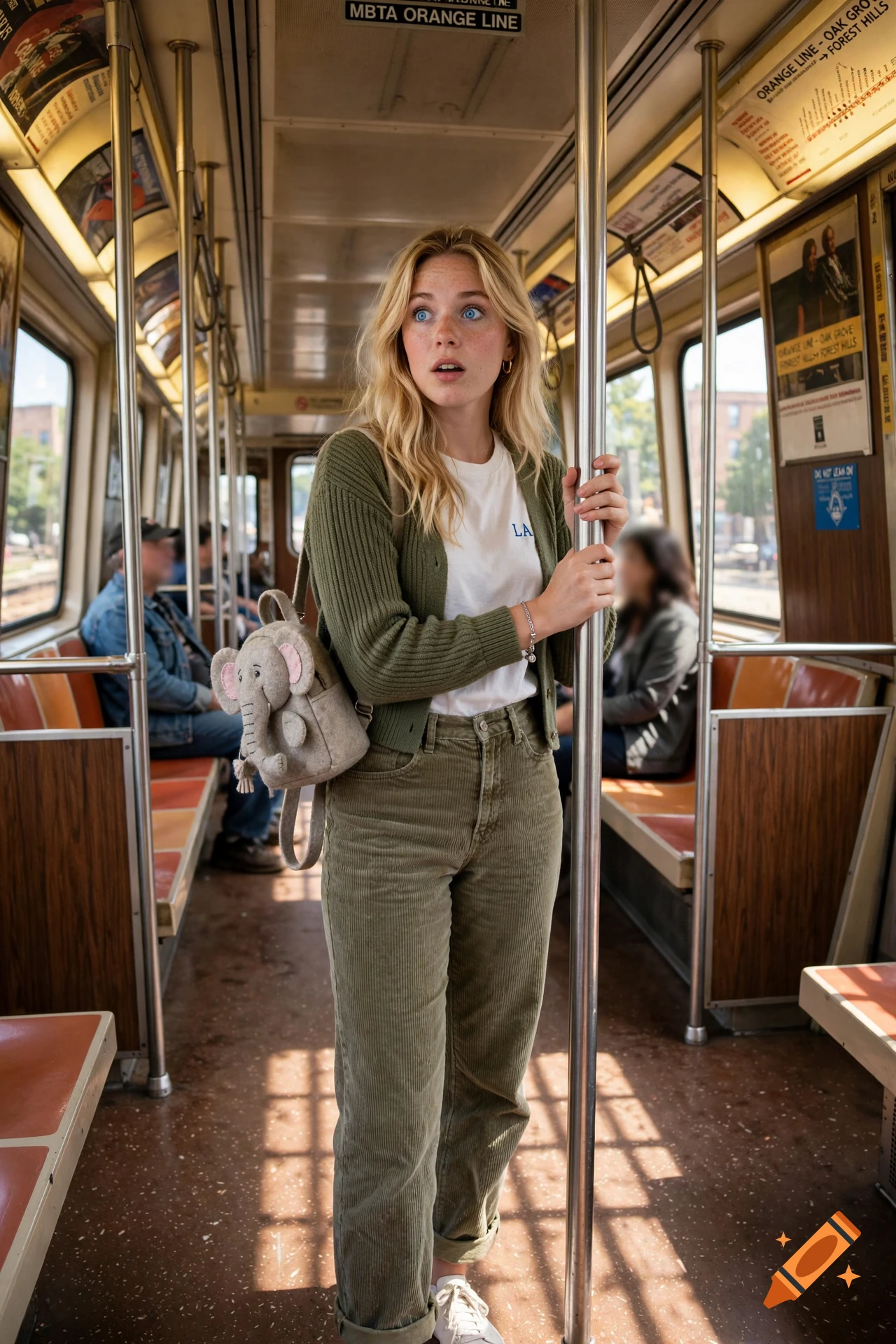 Photorealistic full-body portrait of a young blonde woman standing inside a subway car, holding a pole and looking astonished.
