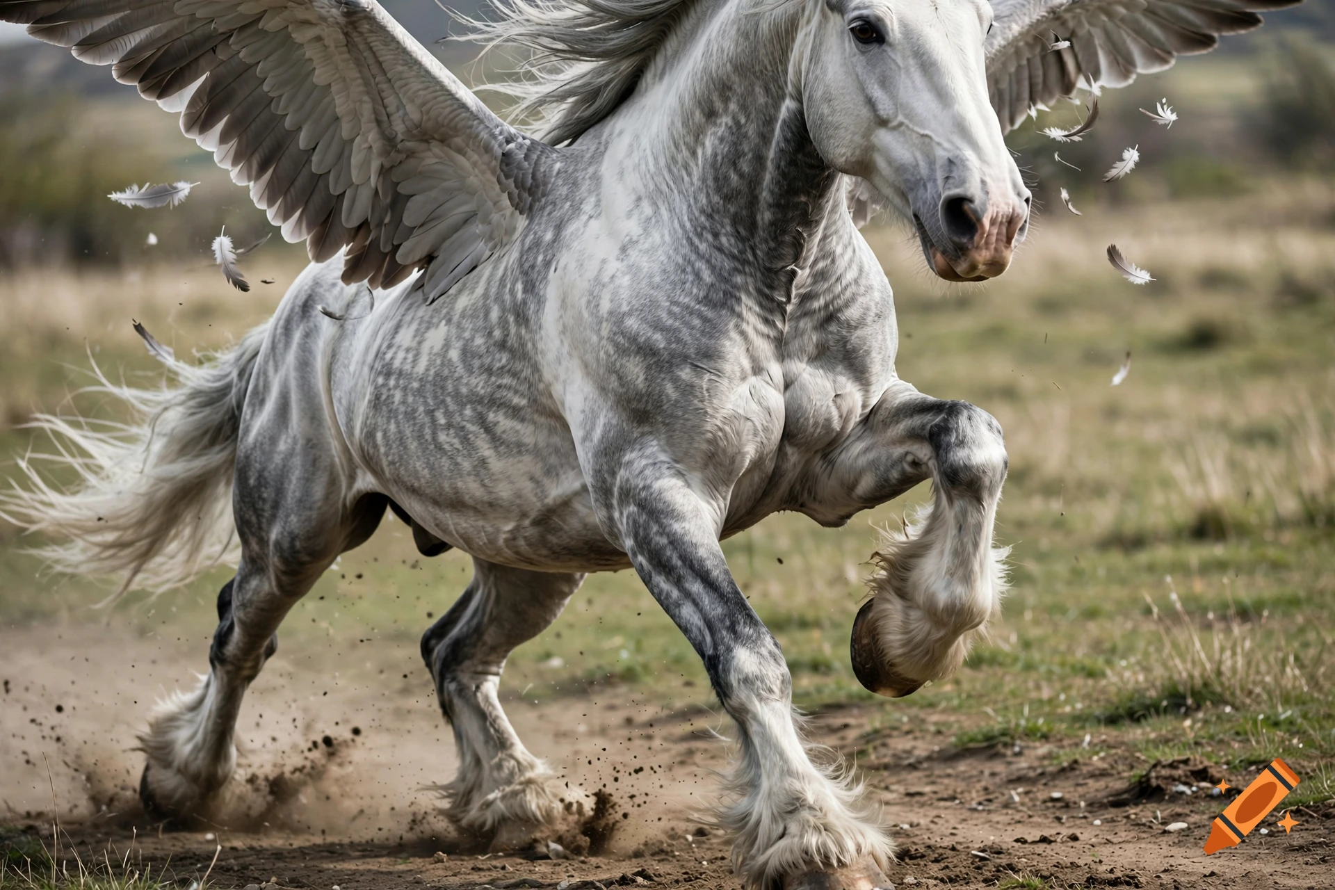 Photorealistic image of a grey and white draft horse with feathered wings running on a dirt path.