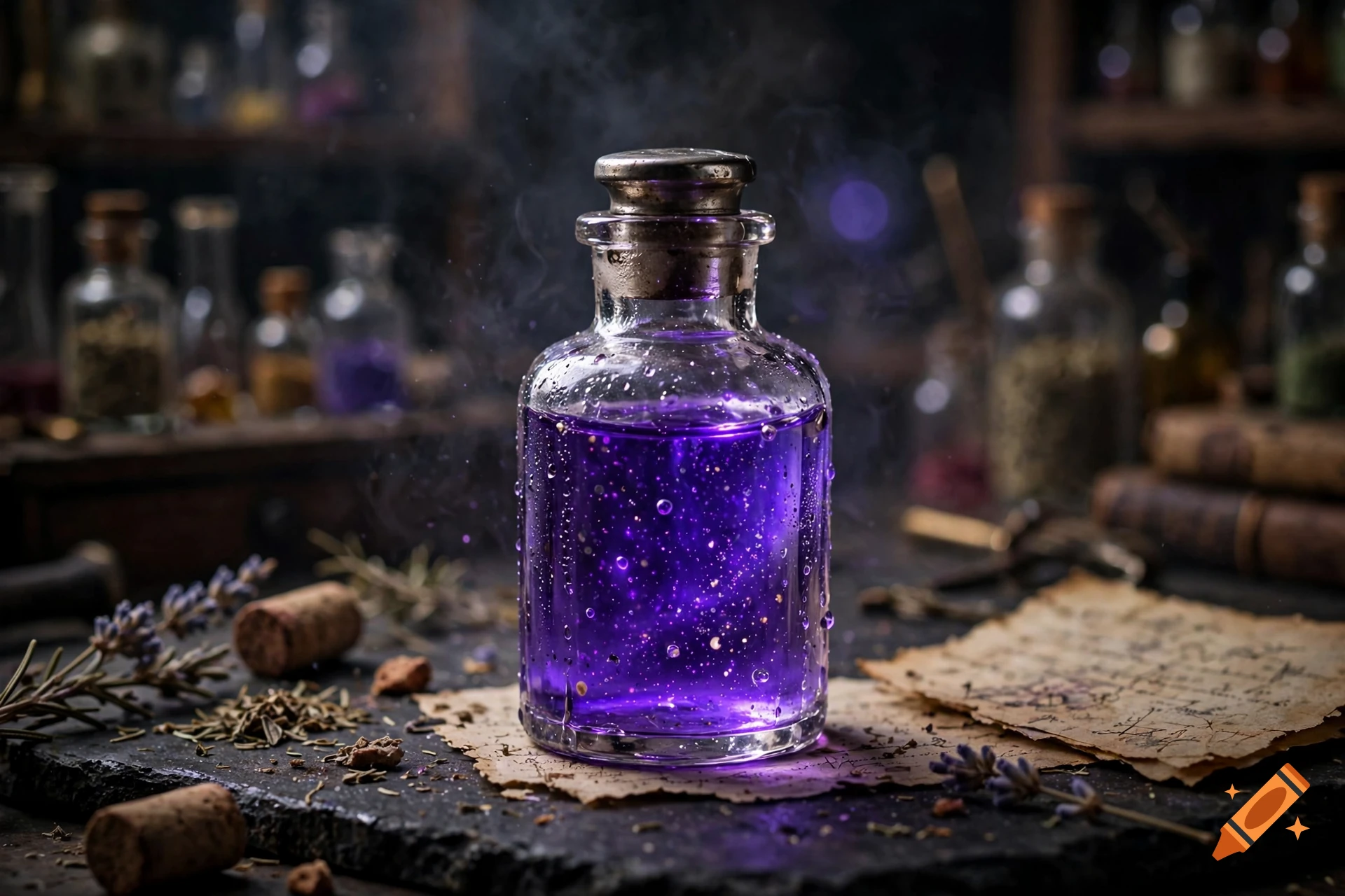 Photorealistic image of a glowing purple potion in a glass bottle on a dark stone table with herbs and parchment.