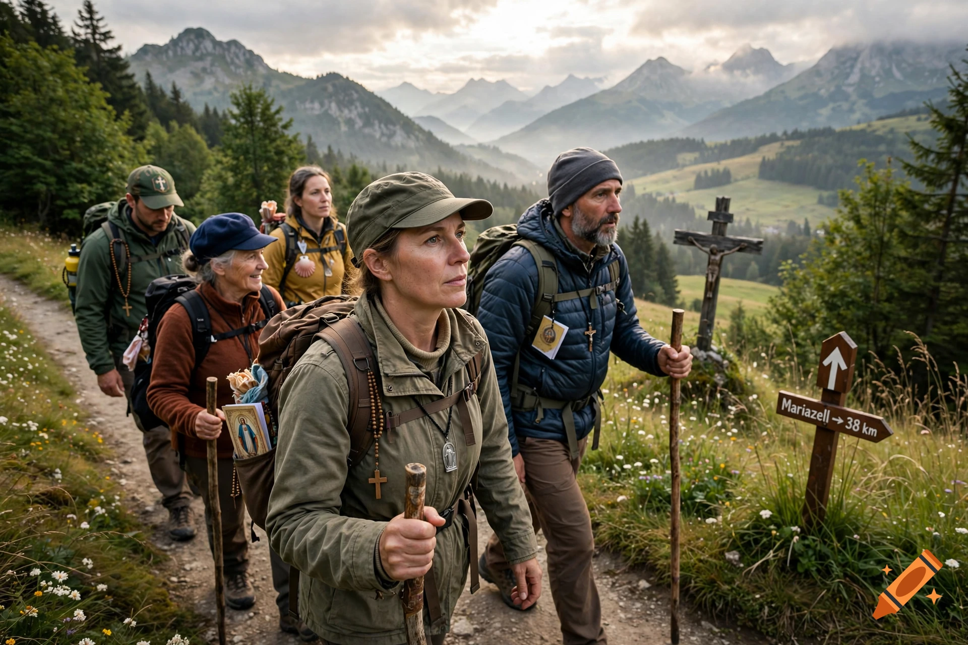 Photorealistic image of a group of hikers walking on a mountain trail with a sign pointing to Mariazell.