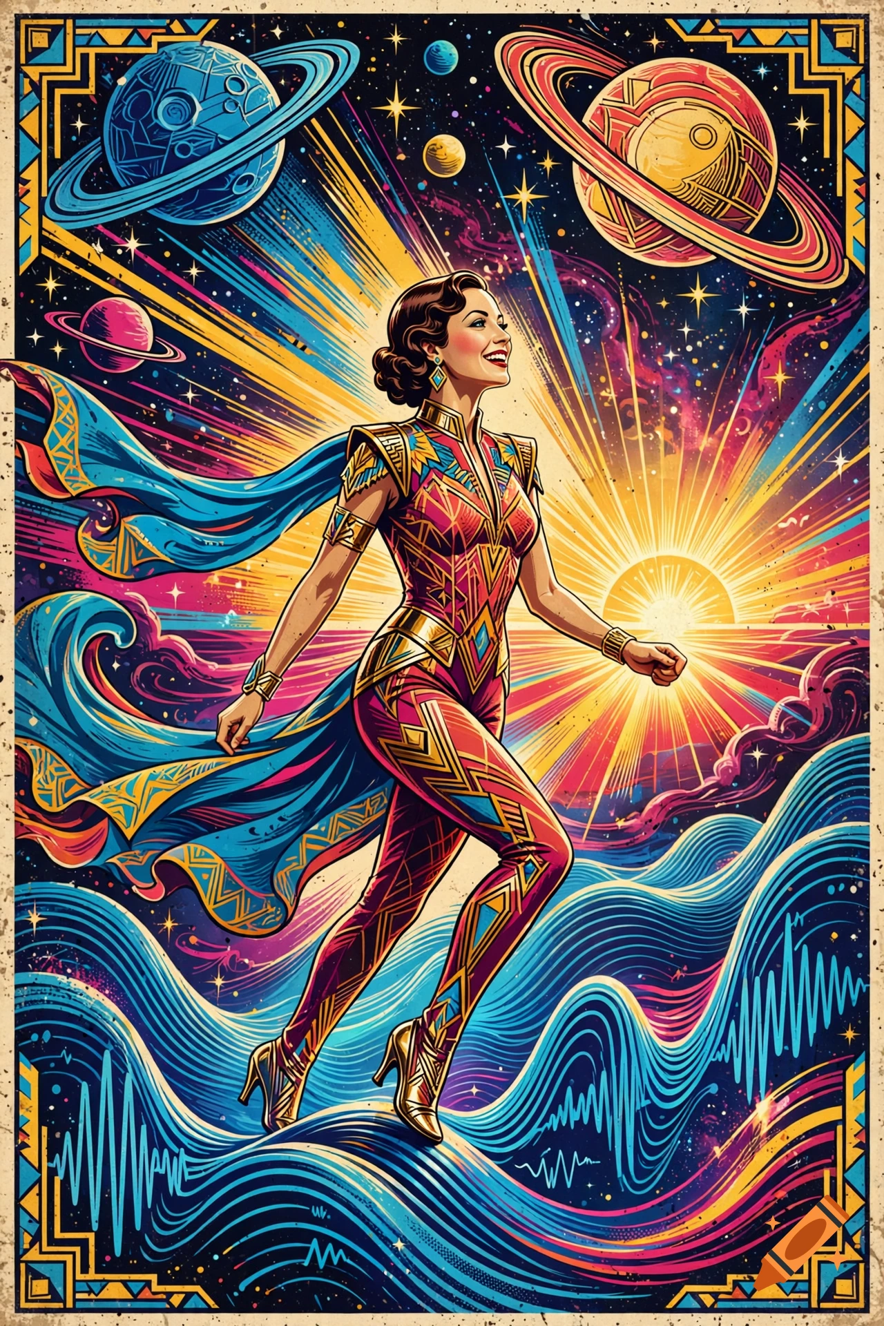 Retro-futuristic art of a smiling woman walking on sound waves in space, with colorful planets and a radiant sun, 1930s poster style.