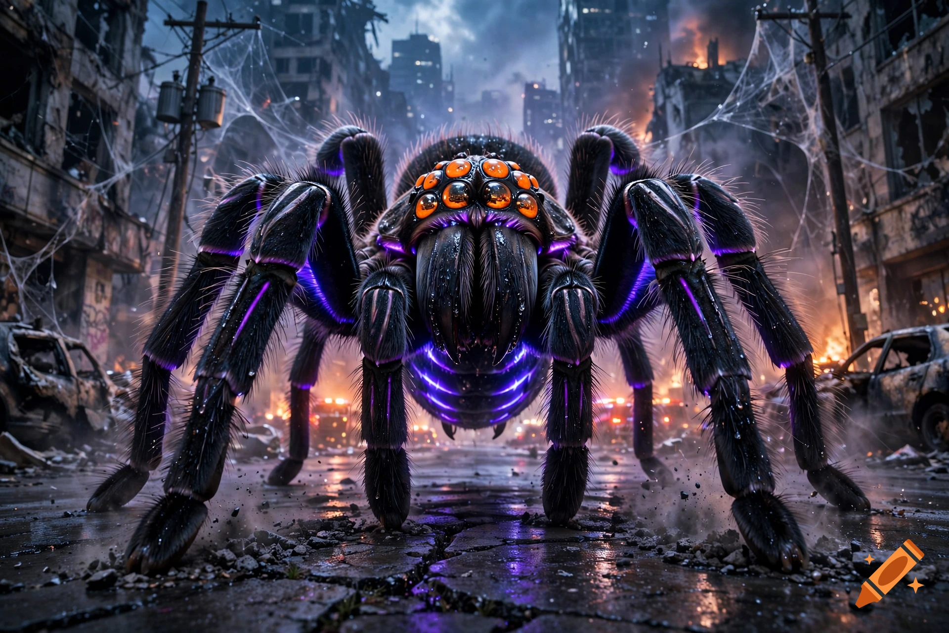 A giant tarantula monster with glowing neon purple body and multiple orange eyes standing in a ruined city street, cinematic sci-fi creature art.
