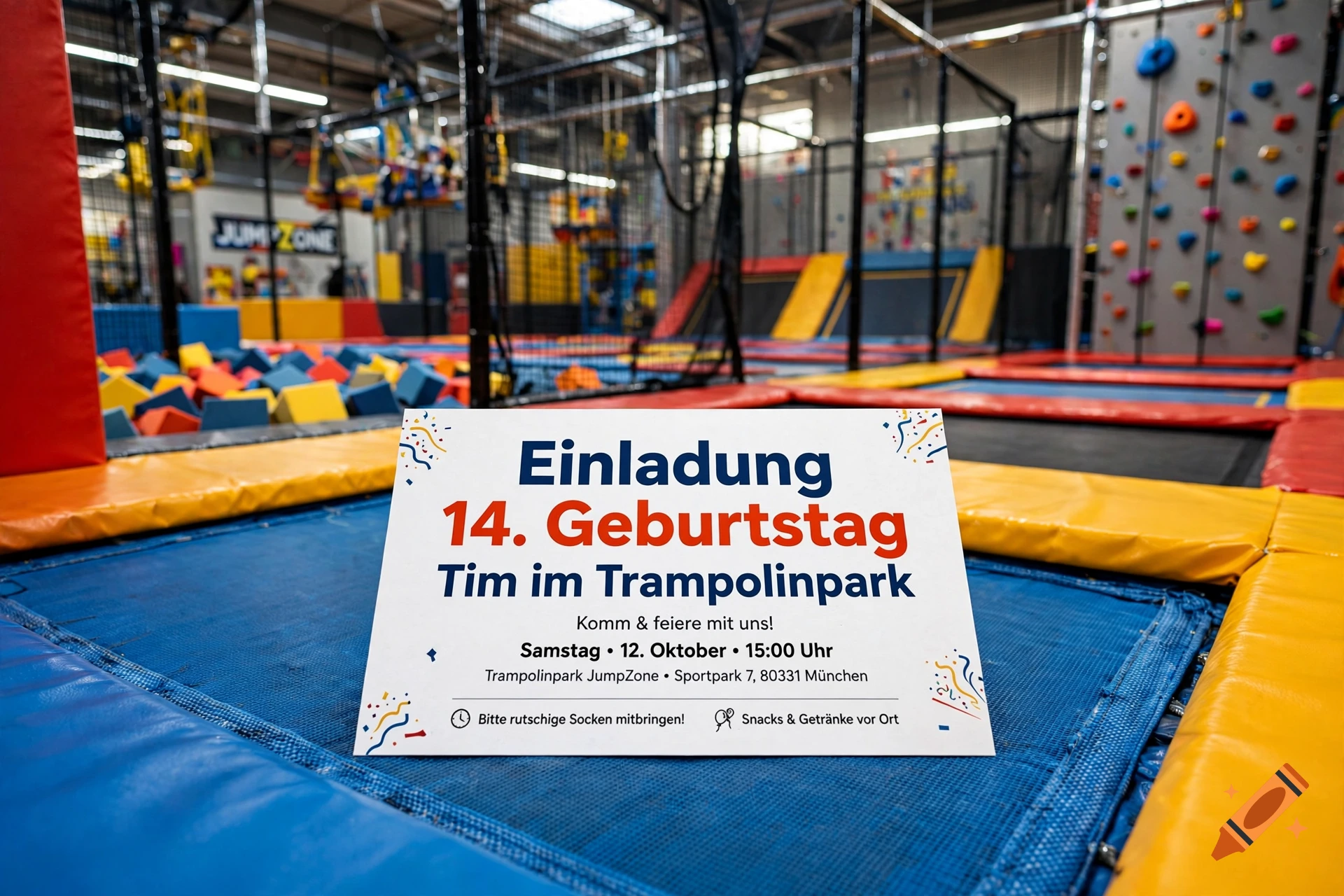 A sign on a blue trampoline announcing a 14th birthday party in a trampoline park, with an indoor playground background.