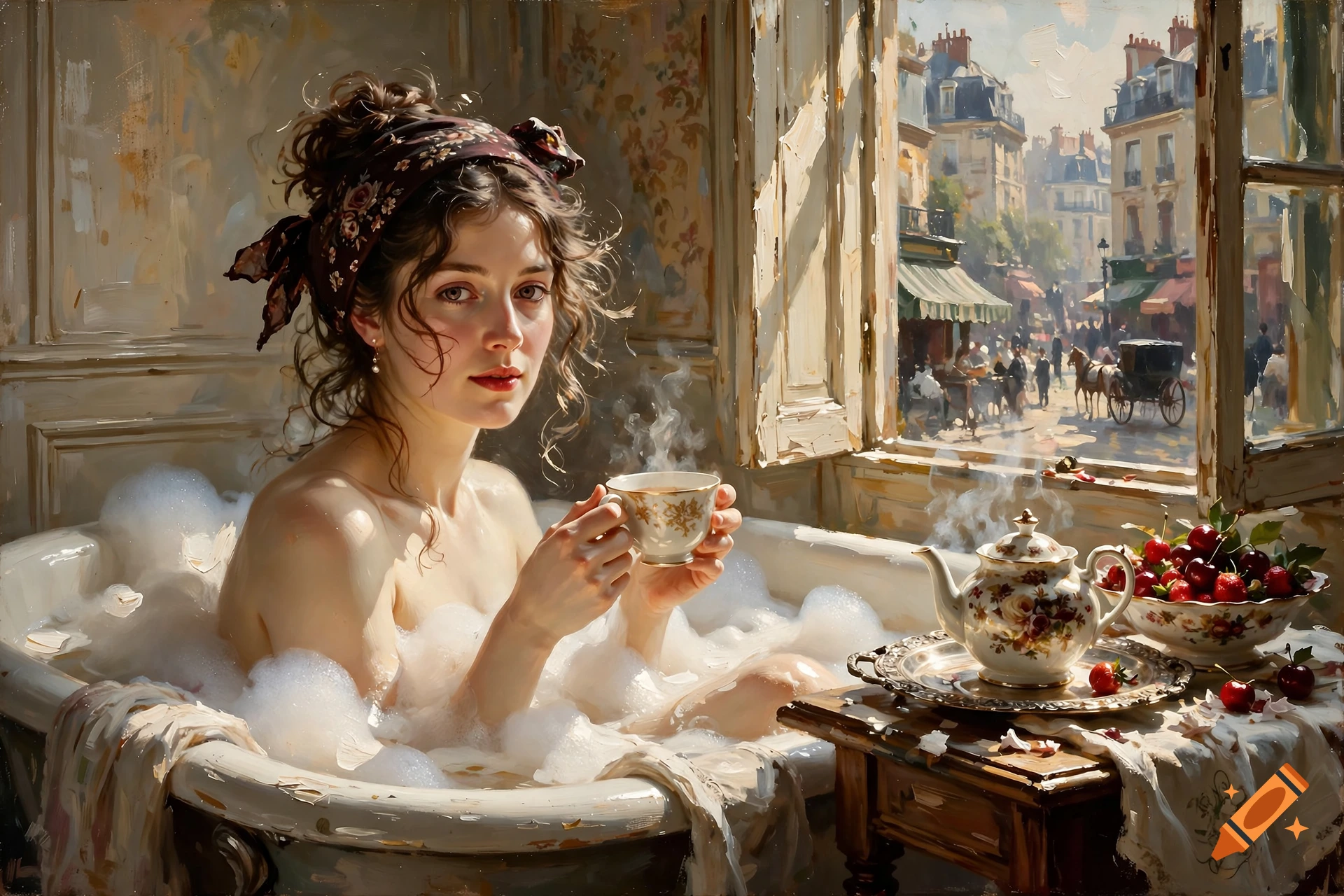 Oil painting of a young woman in a Victorian bathtub holding a teacup, with a view of a bustling Paris street outside the window.