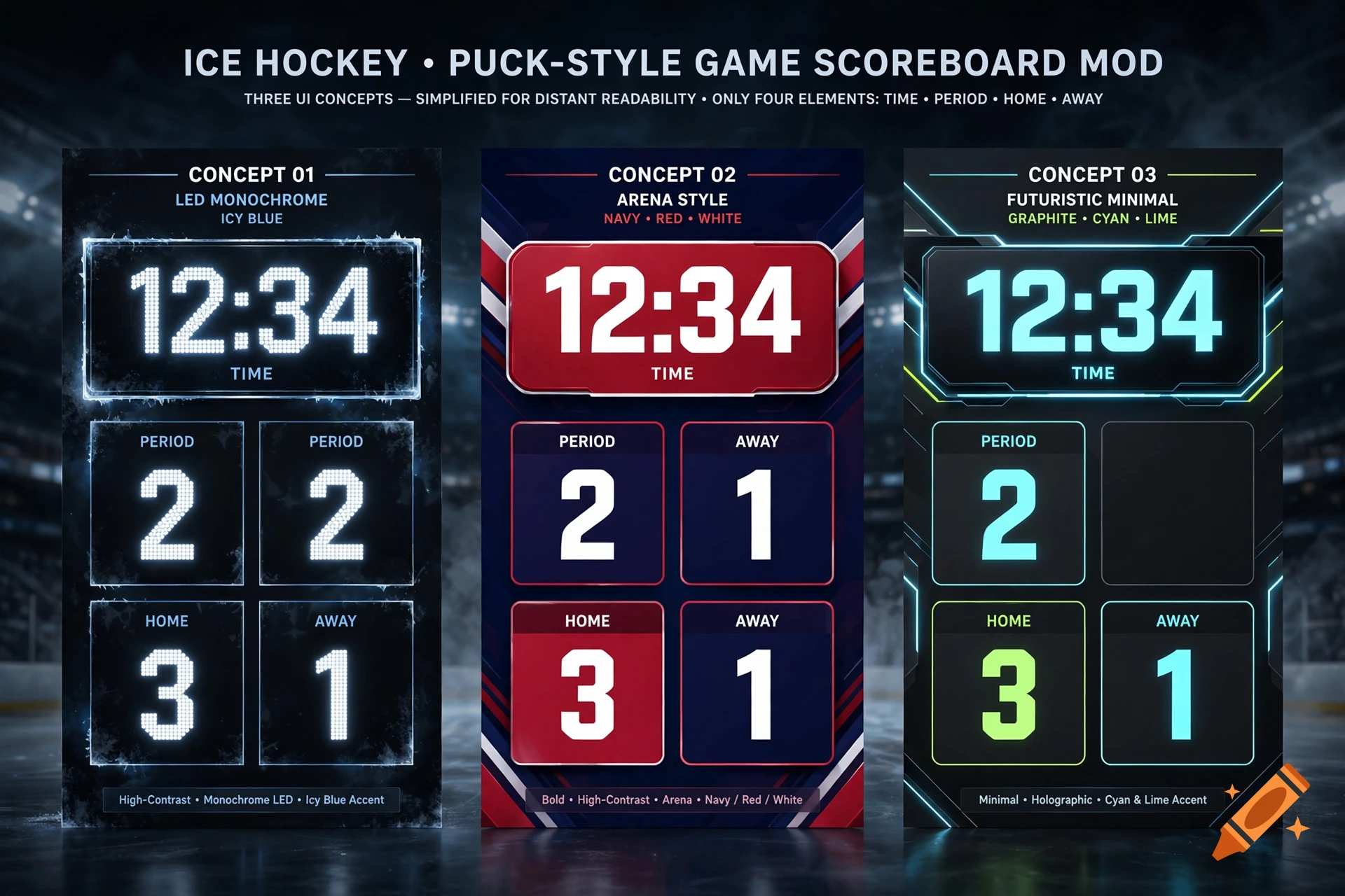 Three UI concept scoreboards for ice hockey showing time, period, home and away scores in modern digital styles.
